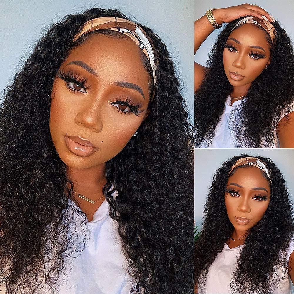 Glueless Curly Headband Wig - 18 Inch Human Hair Headband Wigs for Black Women | Curly Wave No Lace Front Wig with Attached Headband | Machine Made Half Wig in Natural Color | Perfect for Daily Wear, Parties & Protective Styling