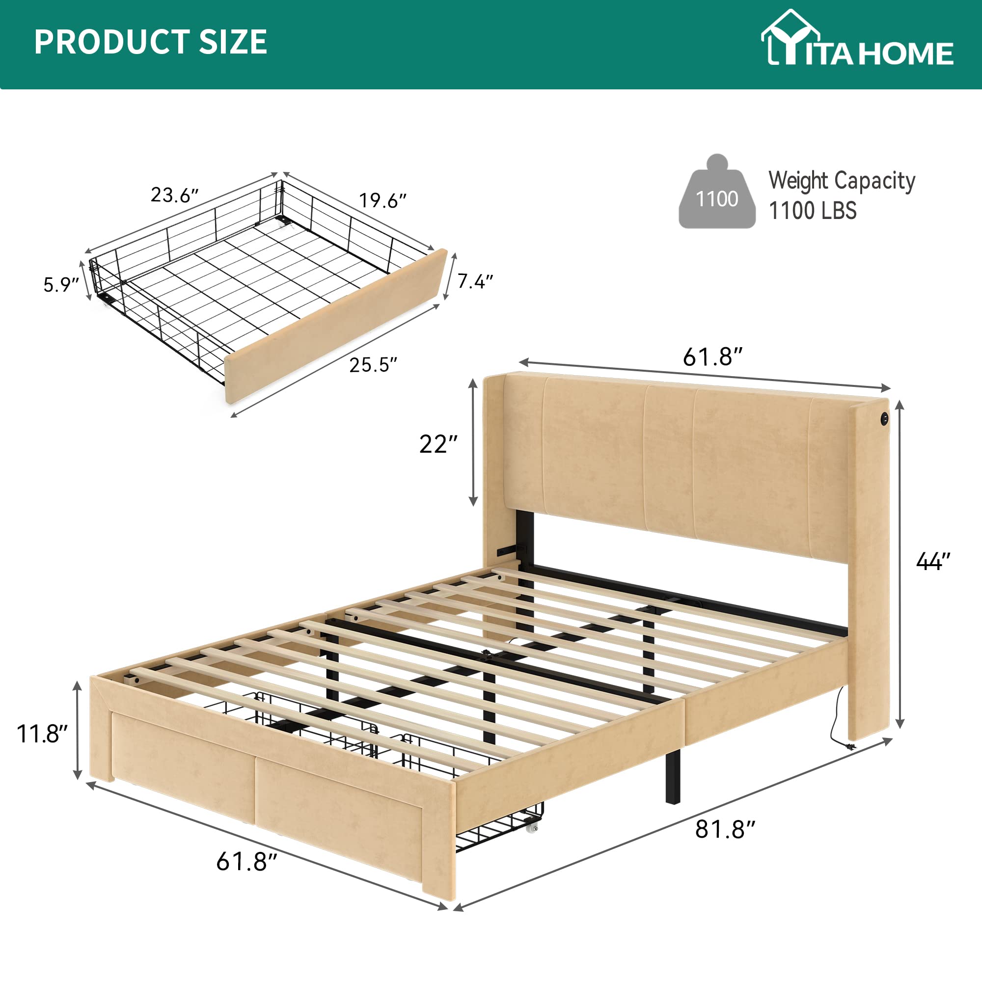 YITAHOME Queen Size Upholstered Platform Bed Frame with Storage Drawers & USB Charging Stations - Beige Modern Bed with Headboard & Wood Slat Support, No Box Spring Needed - Perfect for Small Bedrooms, Guest Rooms & Apartments