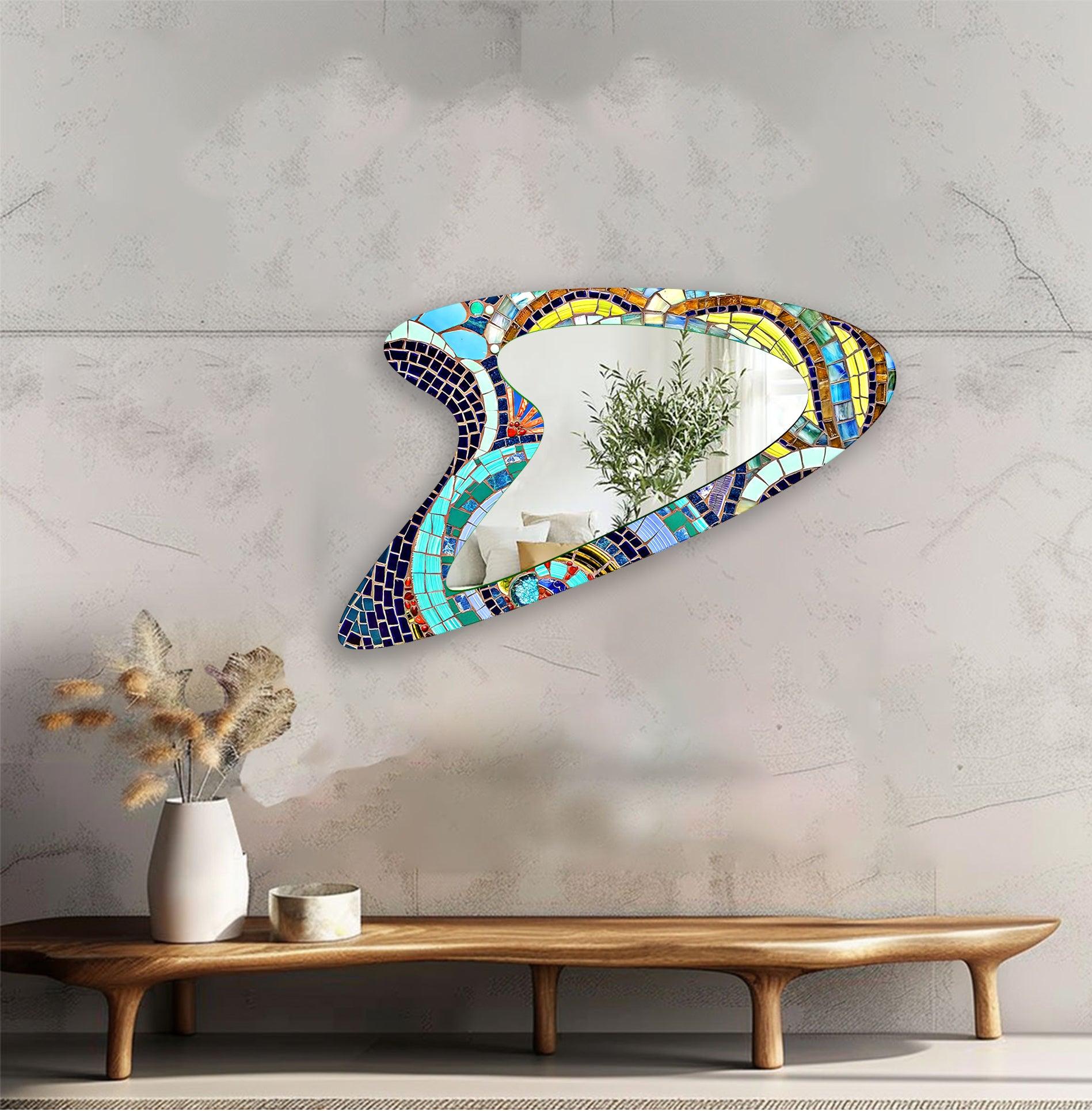 Vibrant Mosaic Decorative Glass Wall Mirror - Handcrafted Home Decor for Bathroom, Bedroom & Entryway - Adds Bohemian Style to Any Space