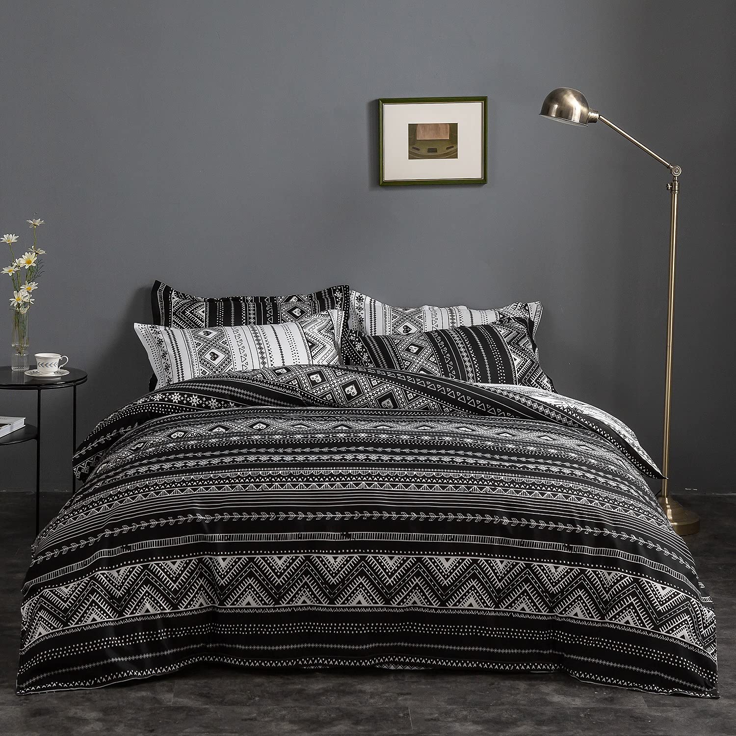 Geometric Boho Duvet Cover Set - Black and White Twin Size Bedding with Zipper Closure, Reversible Quilt Comforter Cover for Kids, Boys & Teens (1 Duvet Cover + 2 Pillow Shams) | Perfect for Boho Bedroom Decor, Teen Room Makeover & Cozy Sleep