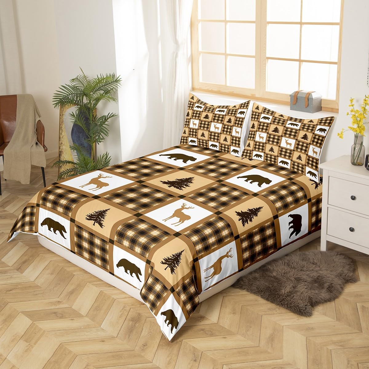 Bear Deer Printed Camping Comforter Cover Twin - Retro Buffalo Plaid Duvet Cover Set with 1 Pillowcase | Cabin Decor, Wildlife Hunting Theme Bedding | Soft Brown Geometric Stripe Bedspread for Cozy Cabin Retreats & Hunting Lodge Bedrooms