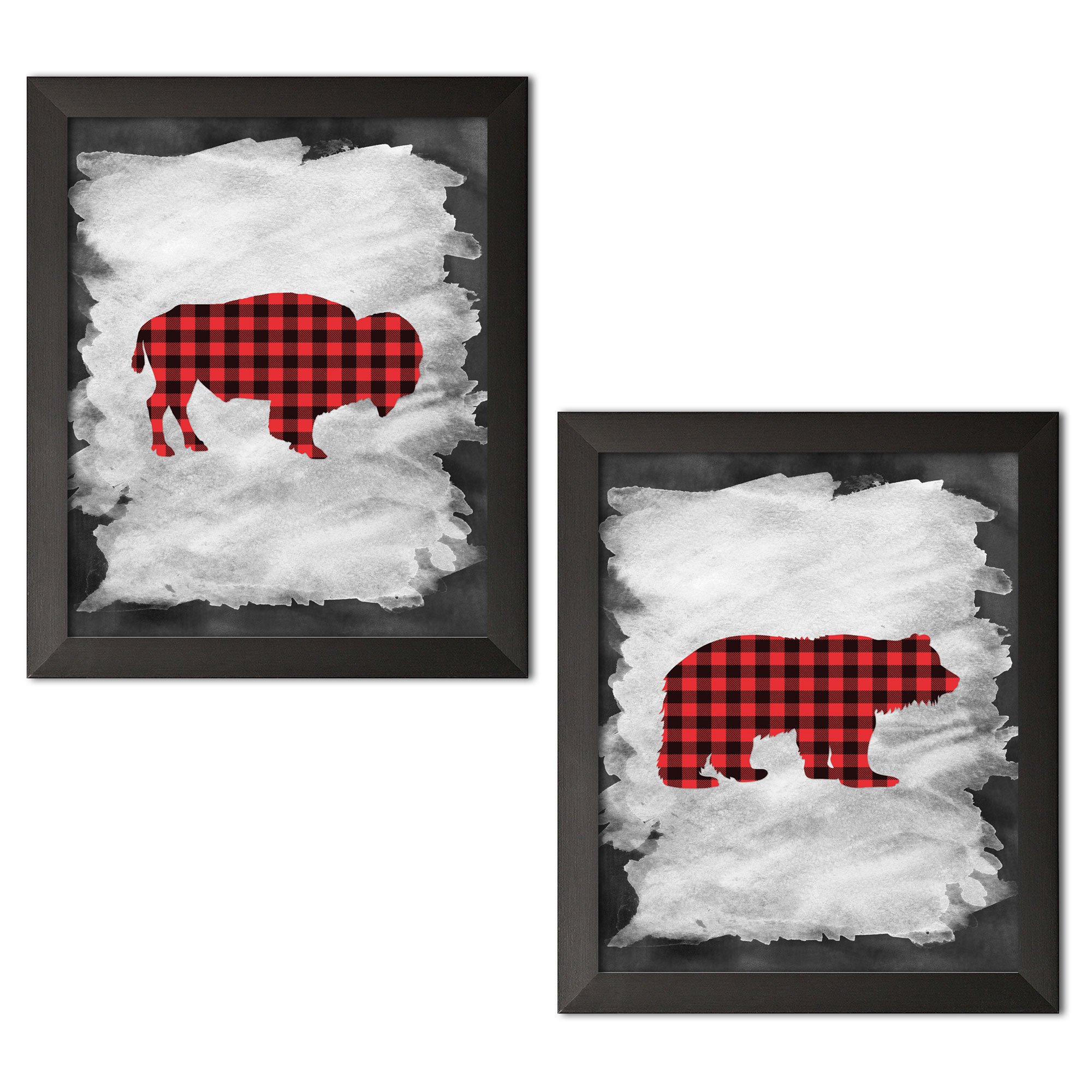 Gango Home Decor Vertical Plaid Bear & Buffalo Wall Art - 11x14in Black Framed Prints by Tara Moss - Ready to Hang - Perfect for Living Room, Bedroom & Office Decor