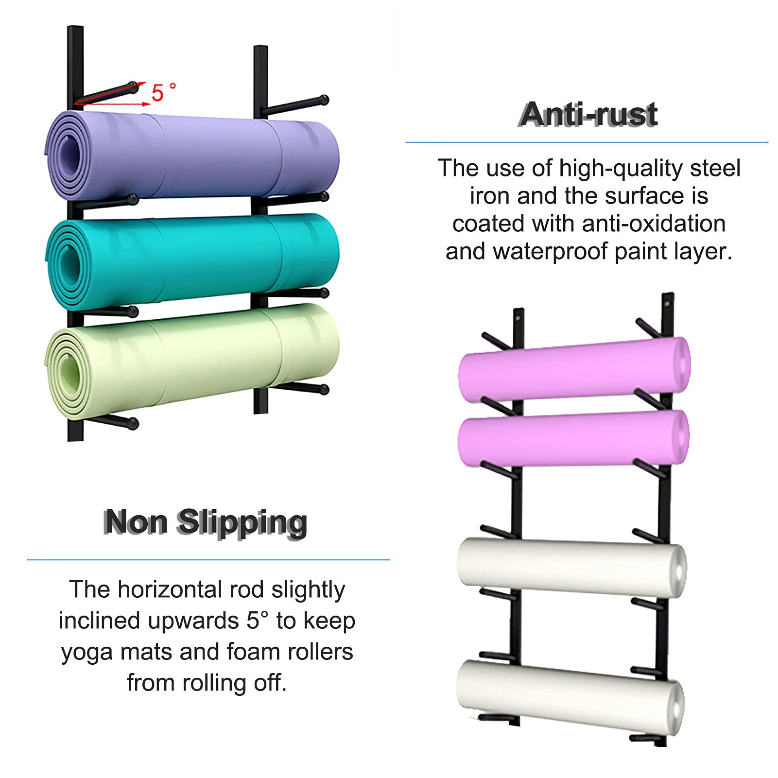 9-Tier Large Capacity Wall Mount Yoga Mat Holder with Hooks - Foam Roller Storage Rack for Yoga Studio (Black) - Perfect for Home Gym, Fitness Room & Yoga Practice Organization