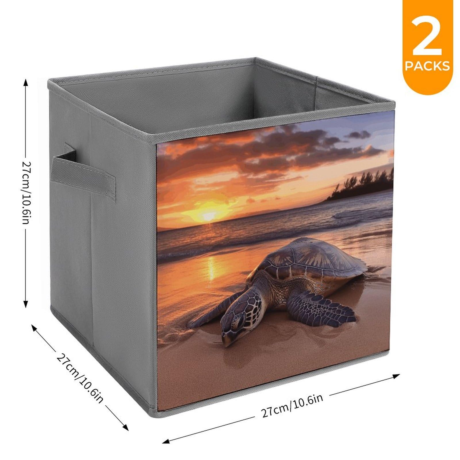 Large Collapsible Sea Turtle Sunset Storage Bins - 2-Pack Foldable Closet Organizer Cubes with Handles for Home & Office Organization | Perfect for Bedroom, Kids' Room, and Underbed Storage