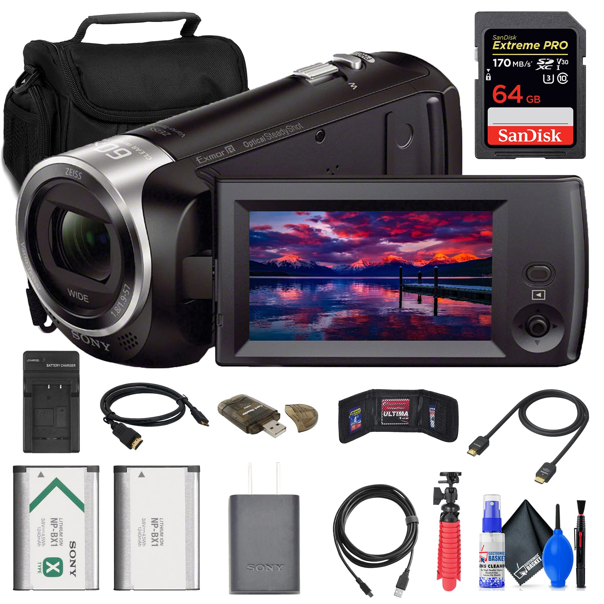 Sony HDR-CX405 HD Handycam Camcorder (HDRCX405/B) with 64GB Memory Card, Travel Bag, Extra Battery, Tripod & Accessories Kit - Perfect for Travel Vlogging, Family Events & Outdoor Adventures (Renewed, Black)