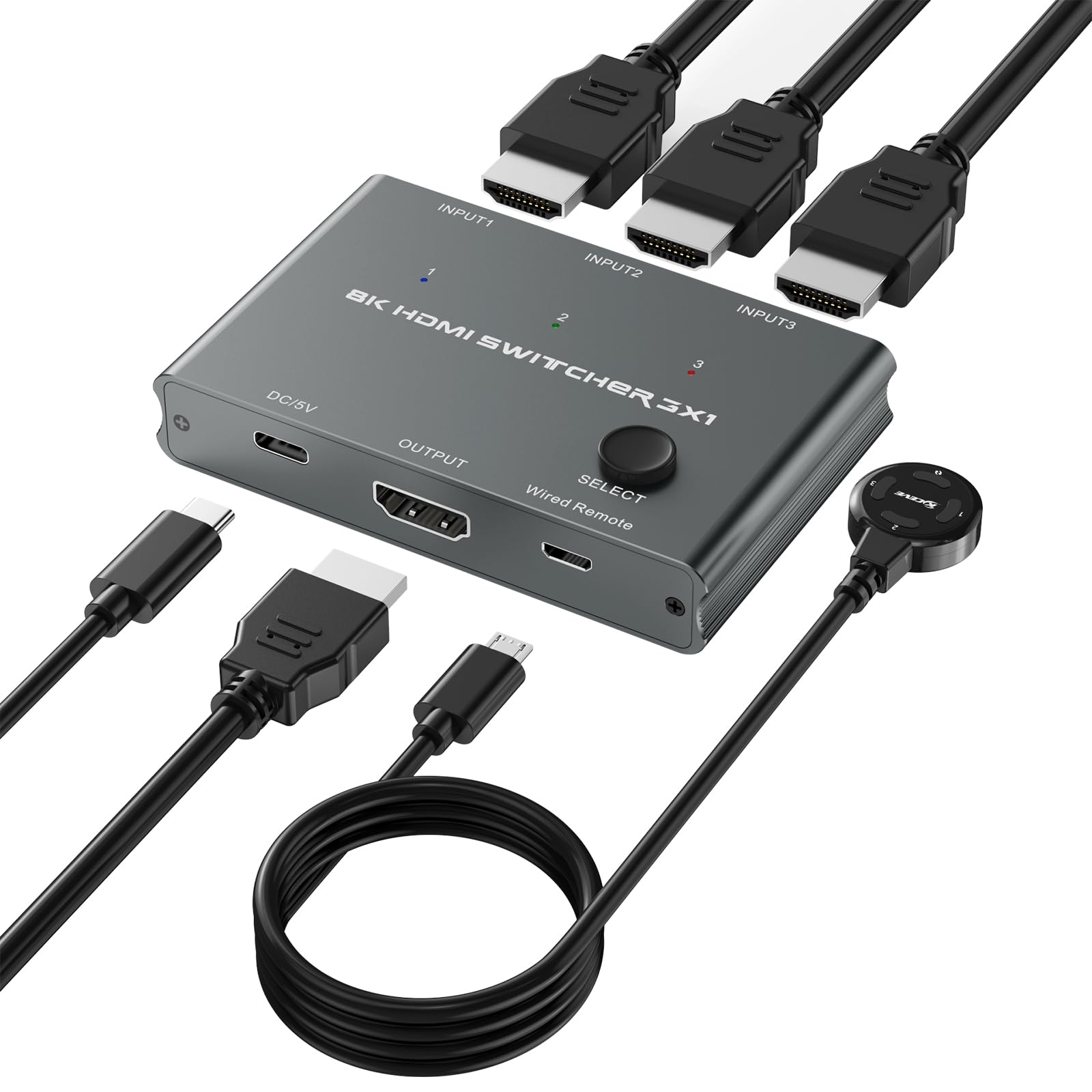 8K@60Hz 4K@120Hz HDMI Switch 3 in 1 Out with Wired Controller - 3 Port HDMI Switcher Selector Supports 3D HDR, KVM Switch - Compatible with PS5, Xbox, Nintendo Switch, Roku TV, Fire TV - Perfect for Home Theater, Gaming & Multi-Device Setup