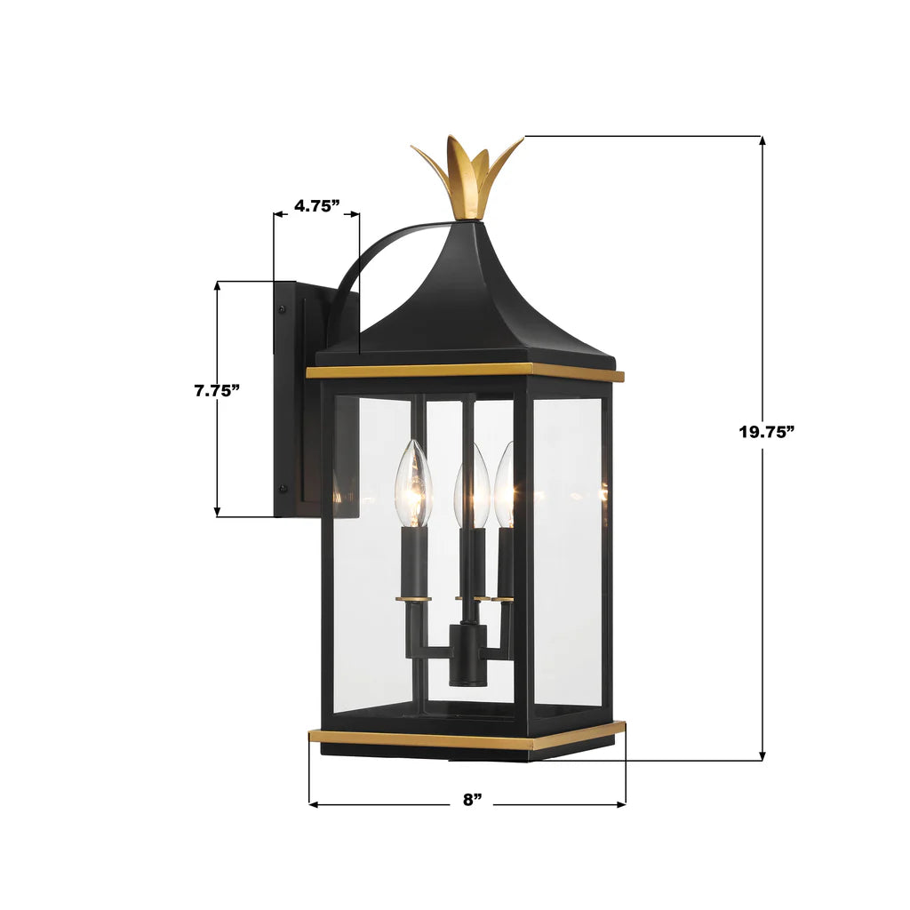 Simpson 3-Light Outdoor Wall Sconce - 8.25x19.75 Inch Matte Black Stainless Steel with Textured Gold Finish & Glass Shade - 120V E12 Candelabra Base LED Bulb Compatible - Perfect for Patio Lighting, Garden Decor, and Exterior Wall Illumination