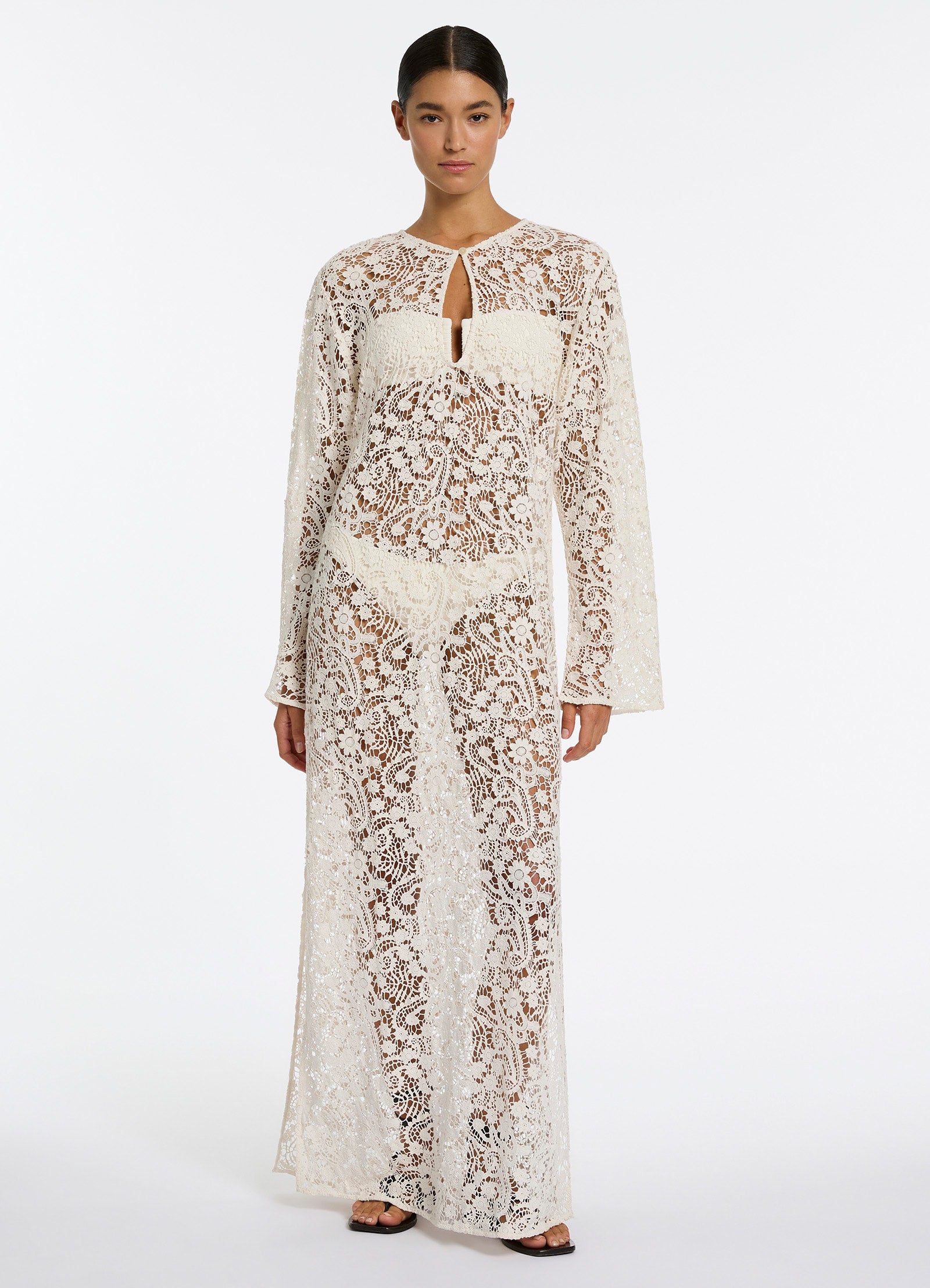 Velana Lace Maxi Kaftan Dress - Elegant Cream Beach Cover Up for Women | Perfect for Summer Vacation, Poolside Lounging & Boho Chic Outfits