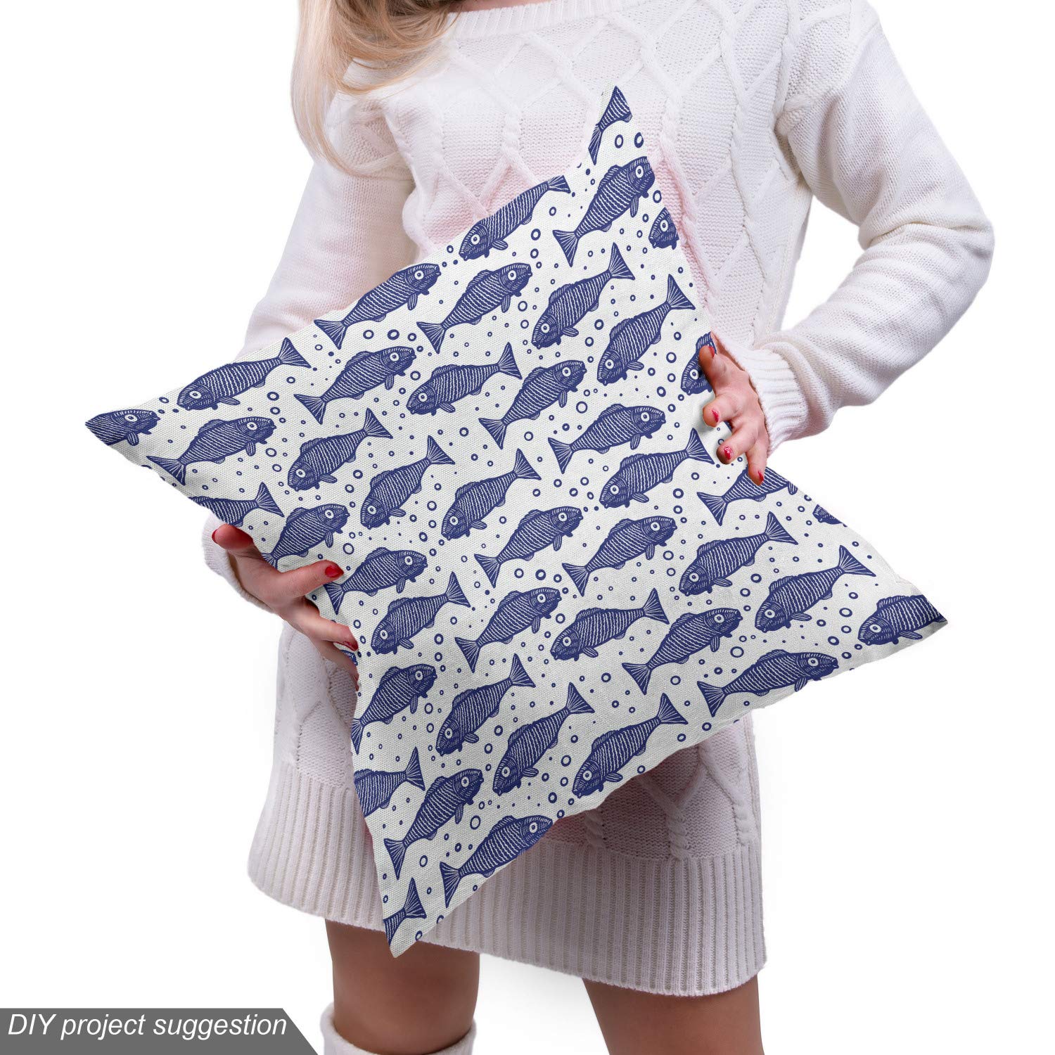 Ambesonne Nautical Fabric by The Yard - Monochrome Hand-Drawn Hatched Fish Pattern with Minimal Bubbles | 10 Yards Violet Blue & White Decorative Fabric for Upholstery, Home Decor, DIY Projects | Perfect for Curtains, Pillows, Table Runners & Crafting