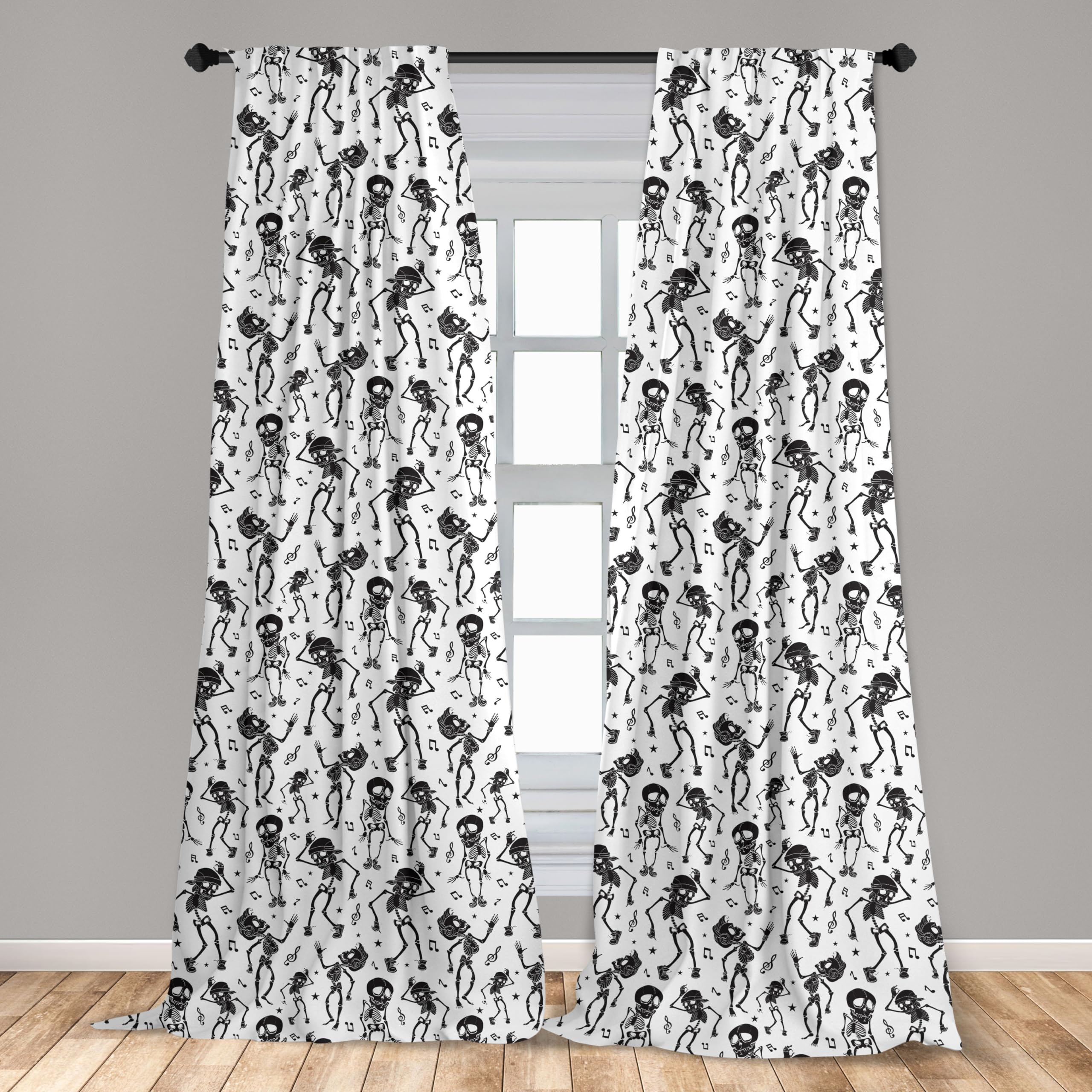 Ambesonne Skeleton Halloween Curtains - Spooky Disco Dancing with Musical Notes, 2 Panel Set (28