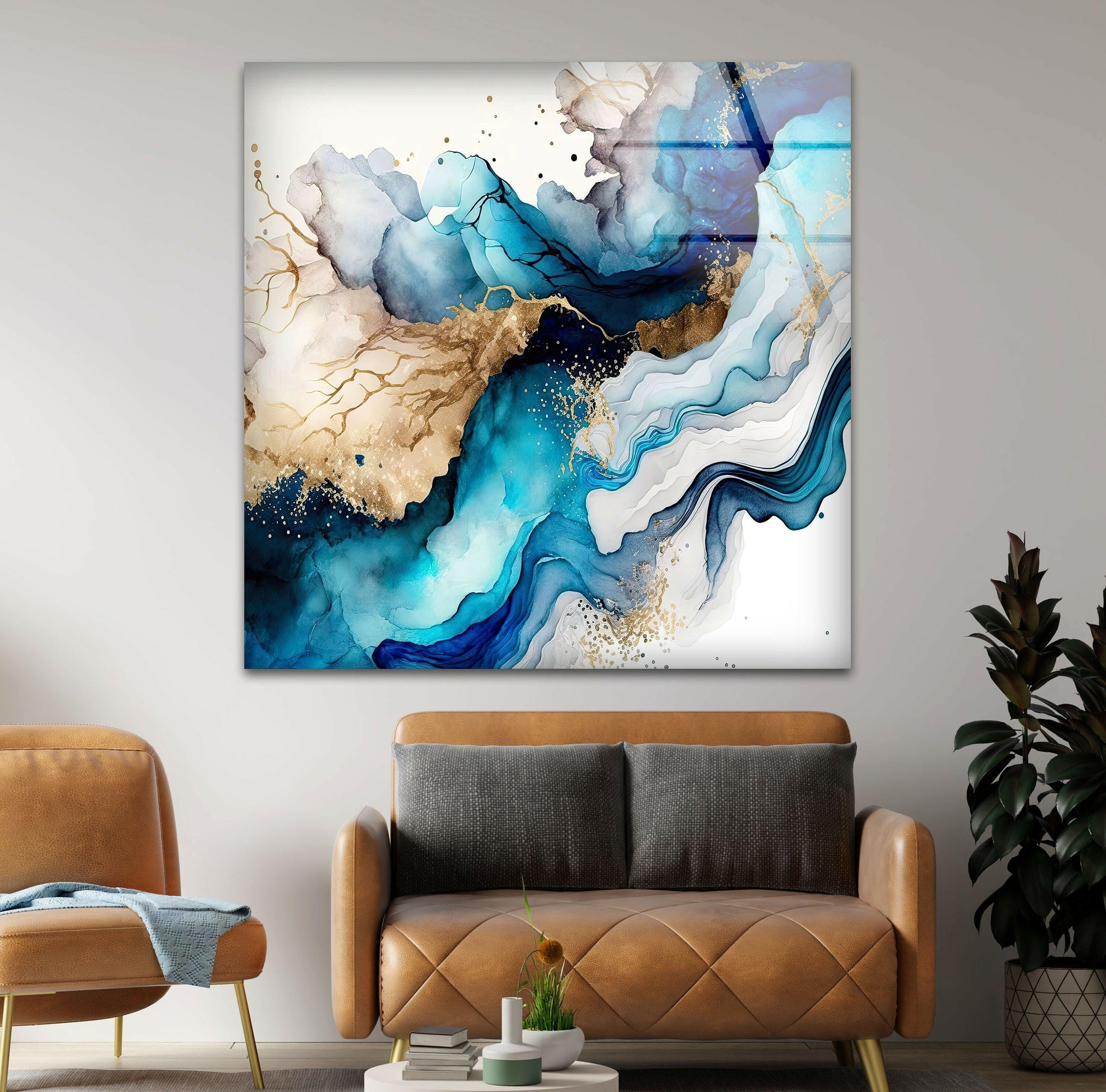 Blue and Gold Fluid Abstract Glass Wall Art - Modern Handmade Home Decor for Living Room, Bedroom, Office | Unique Gift Idea for Housewarming, Wedding
