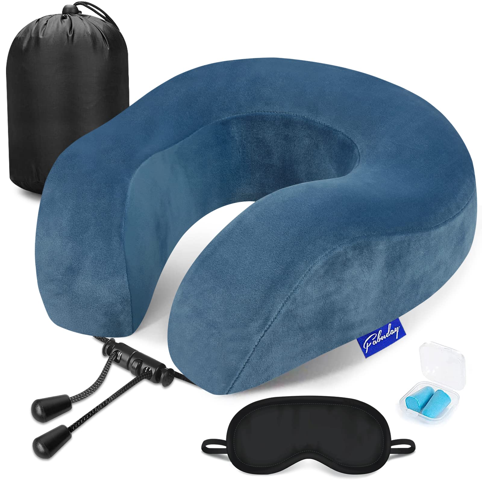 Memory Foam Travel Neck Pillow for Airplanes - Soft Washable Cover with Storage Bag, Sleep Mask & Earplugs | Perfect for Long Flights, Road Trips, Office Naps & Recliner Relaxation (Dream Blue)