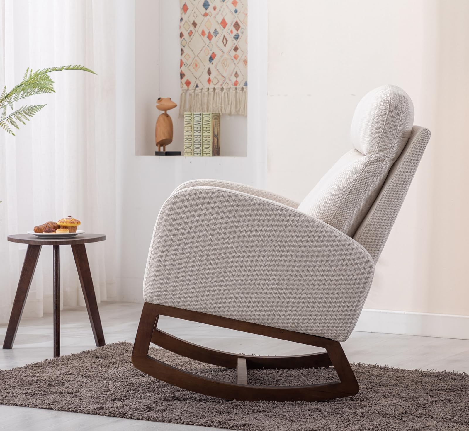Modern Upholstered Glider Rocking Chair with Side Pocket - High Back Support Nursery Rocker, Solid Wood Base Accent Armchair for Living Room, Bedroom, Nursery & Office - Perfect for Breastfeeding, Reading & Relaxing (Beige)