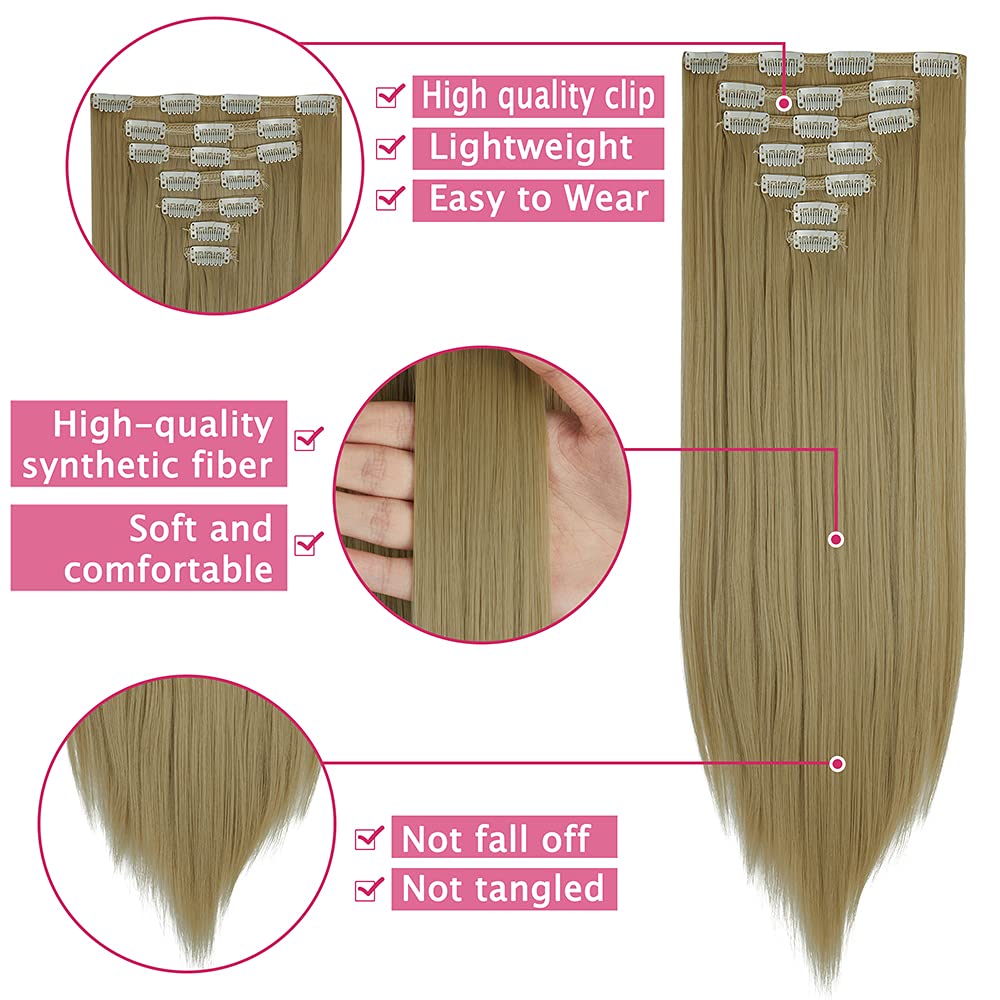 7PCS 16 Clips Long Straight Synthetic Hair Extensions for Women - Thick Full Head Double Weft Hairpieces in Ash Blonde | Perfect for Daily Styling, Parties & Special Occasions