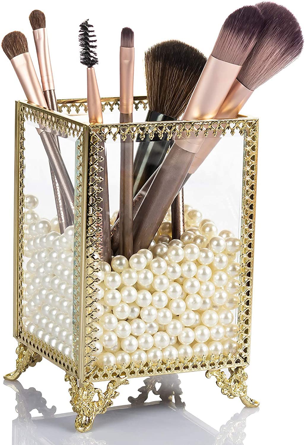 Vintage Glass & Brass Makeup Brush Holder with White Pearls - Handmade Cosmetic Brush Organizer for Vanity, Dresser, or Bathroom Countertop - Perfect for Makeup Artists & Beauty Enthusiasts