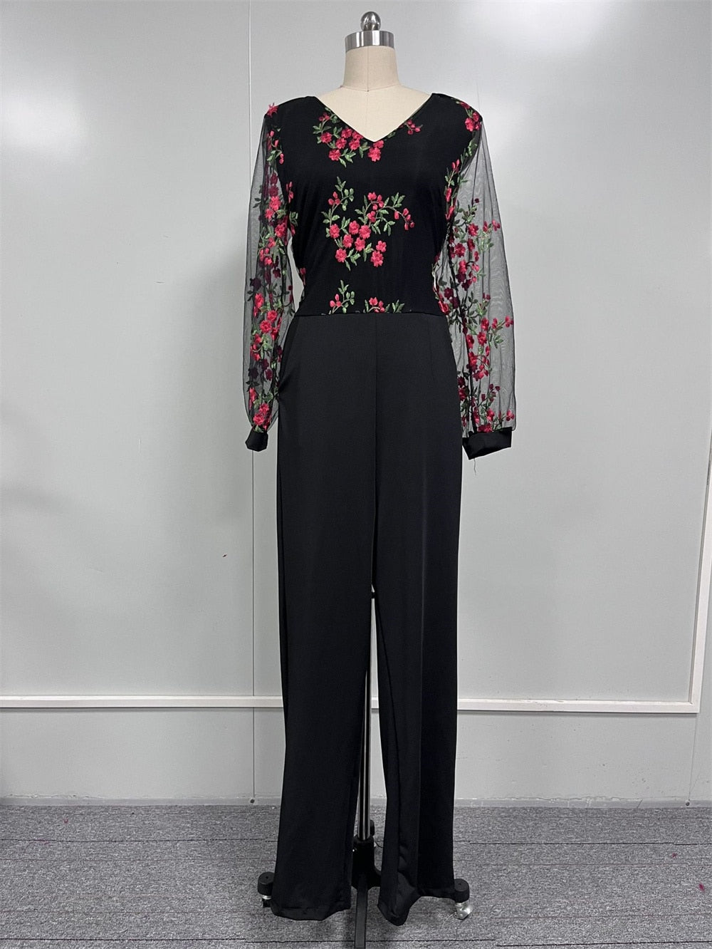 Elegant Women's Jumpsuit 2024 - Casual V-Neck Mesh Hollow Embroidery Long Sleeve Overalls - Slim Fit for Office, Party & Special Occasions - Perfect for Workwear, Date Nights & Formal Events