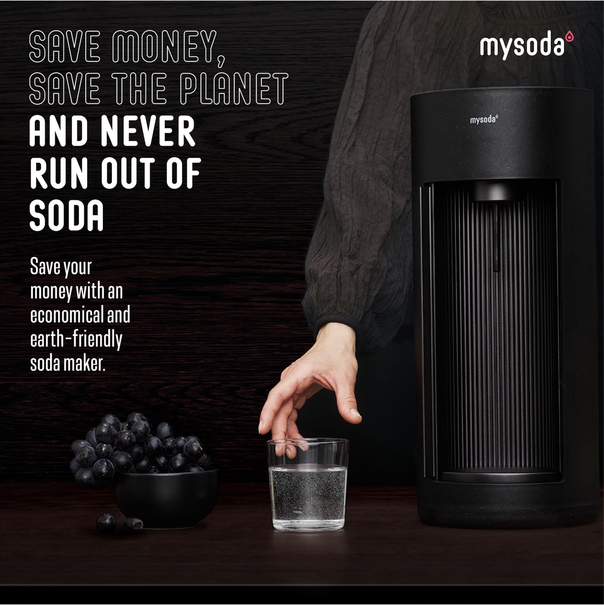 **Mysoda Glassy Sparkling Water Maker - 1L Glass & Plastic Bottle, Silent Nordic Design, Sliding Door - Black | Home & Office Carbonated Drink Machine for Healthy Hydration**
