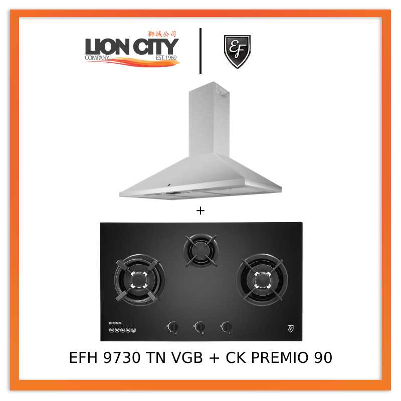 EF CK Premio 90 Stainless Steel Chimney Range Hood with EF EFH 9730 TN VGB 3-Burner Built-In Glass Cooktop - Perfect for Modern Kitchens and Professional Cooking Spaces