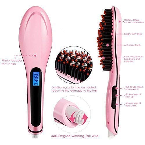 STOCKZONE 3-in-1 Electric Hair Straightening Brush with Ceramic Plates, LCD Screen & Temperature Control - Pink Hair Straightener for Women | Perfect for Home Use, Travel & Salon-Quality Styling