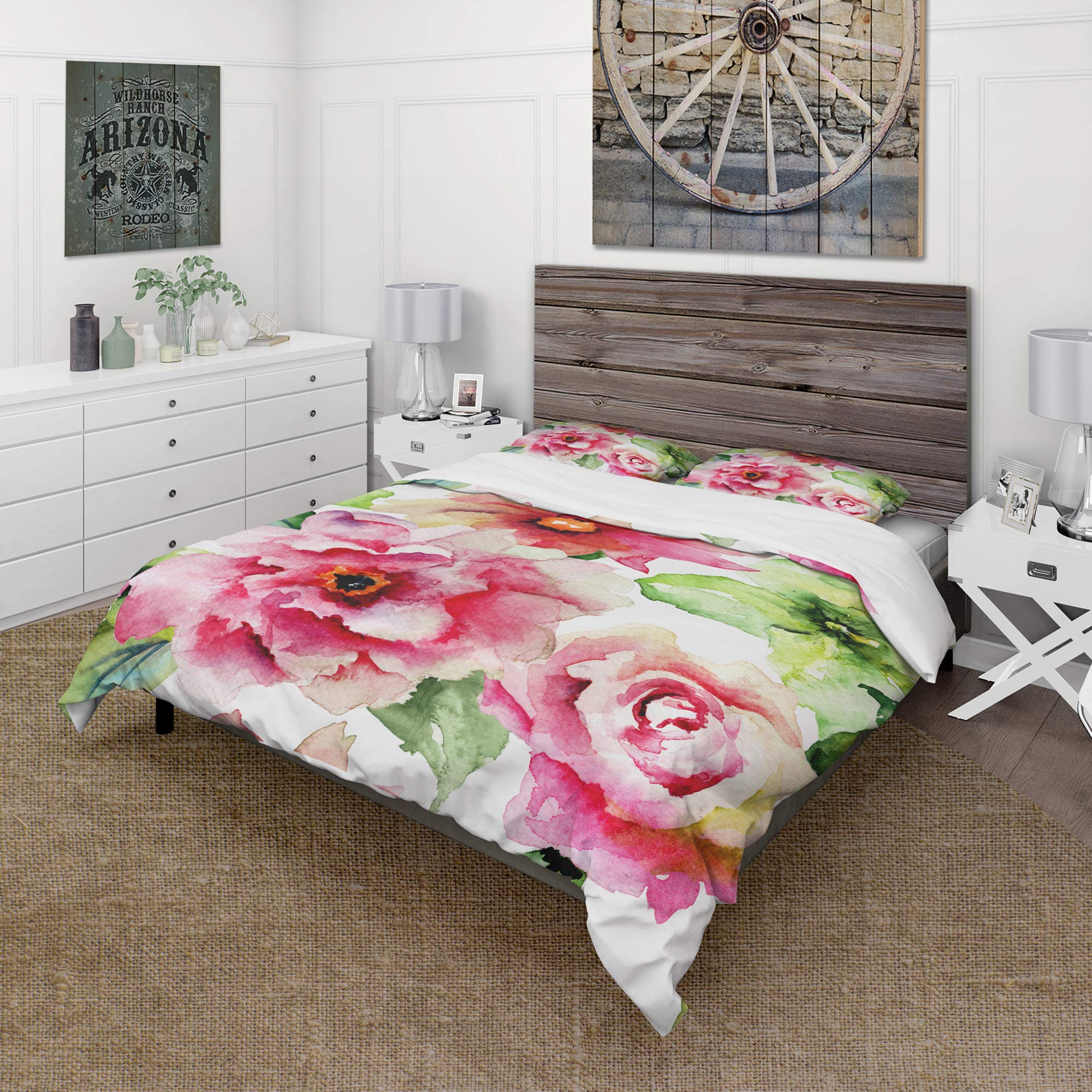 DesignQ Watercolor Roses & Gerber Daisies Duvet Cover Set - Queen Size 3-Piece Floral Bedding | Nautical Coastal Theme | All-Season Soft Comforter Cover for Beach House, Guest Room & Master Bedroom Decor