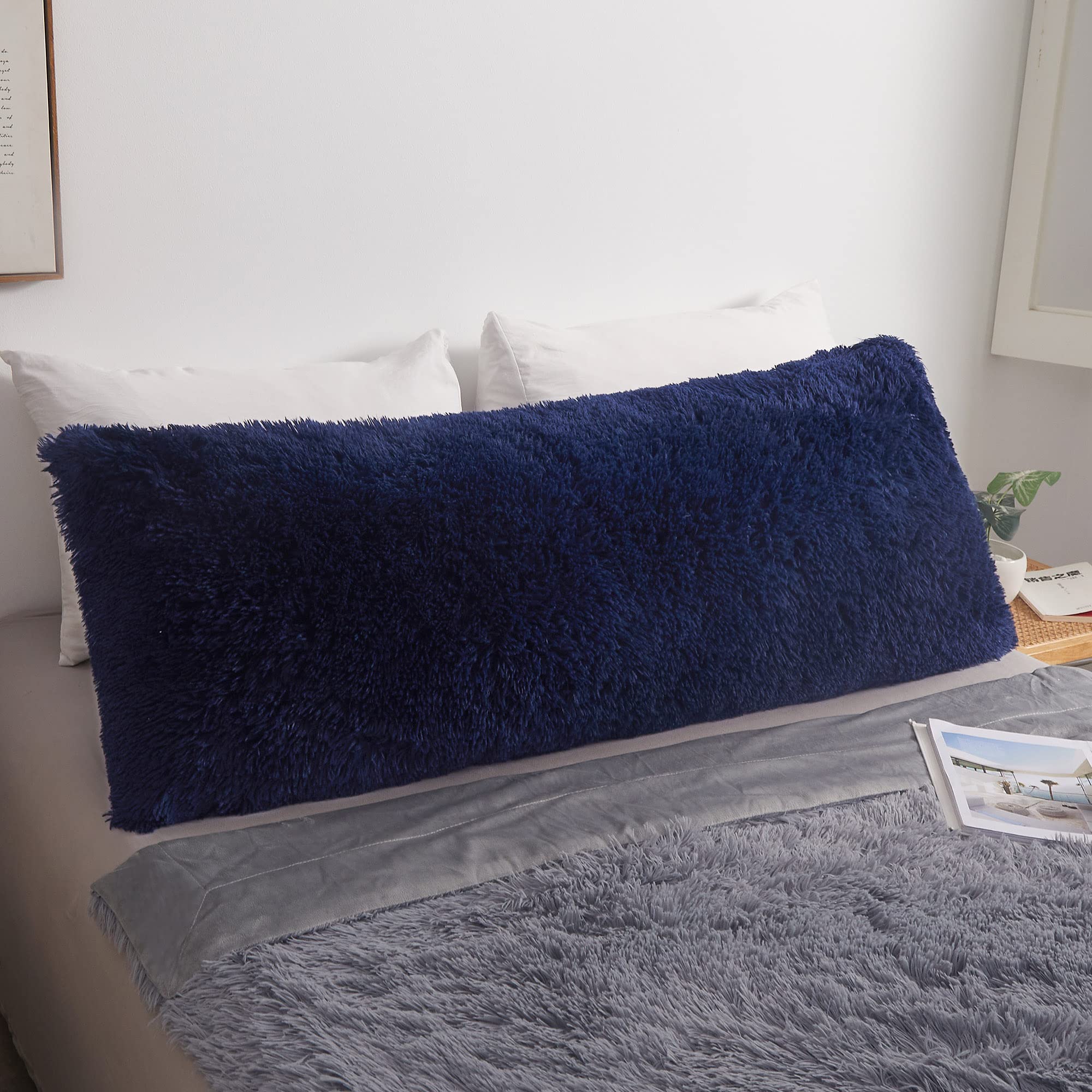 MEGO Dark Blue Faux Fur Shaggy Plush Body Pillow Cover - 20x54 Inches Fluffy Long Pillowcase with Zipper for Bed, Couch & Living Room - Ultra Soft Fuzzy Throw Pillow Sham for Cozy Home Decor & Relaxation