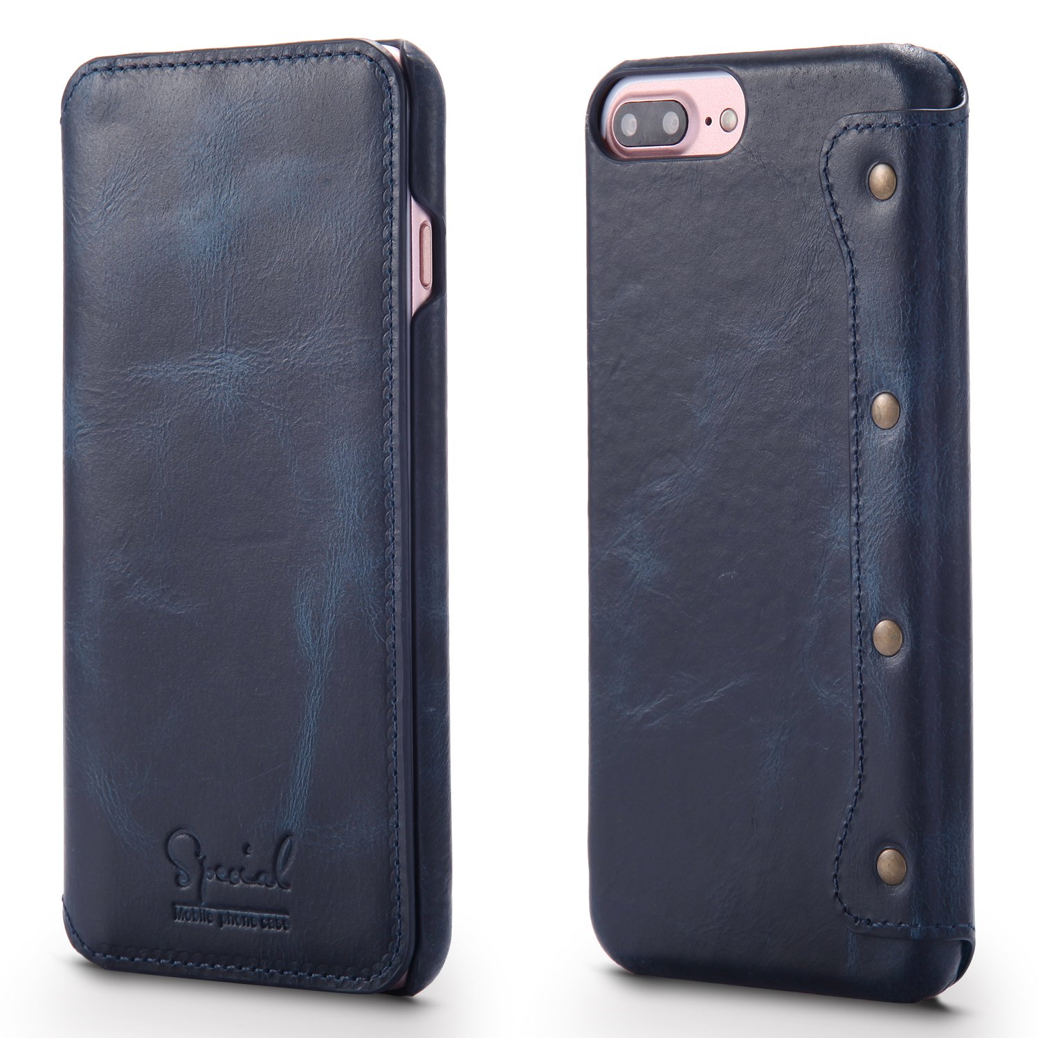Premium Genuine Waxed Leather Wallet Case for iPhone 7 Plus/iPhone 8 Plus (5.5 Inch) - RFID Blocking Card Slots, Stand Function & Wireless Charging Compatible - Perfect for Business, Travel & Everyday Use (Blue)