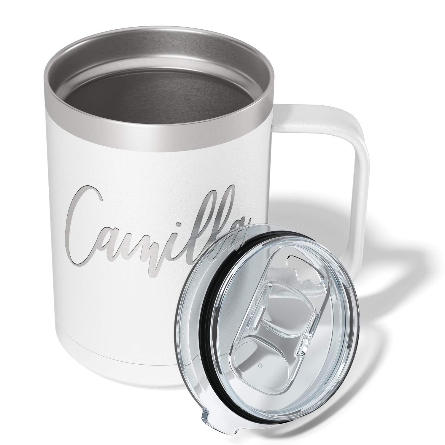 Custom Engraved 15 oz White Matte Stainless Steel Vacuum Insulated Coffee Mug - Personalized Gift with Handle for Office, Home & Travel Use