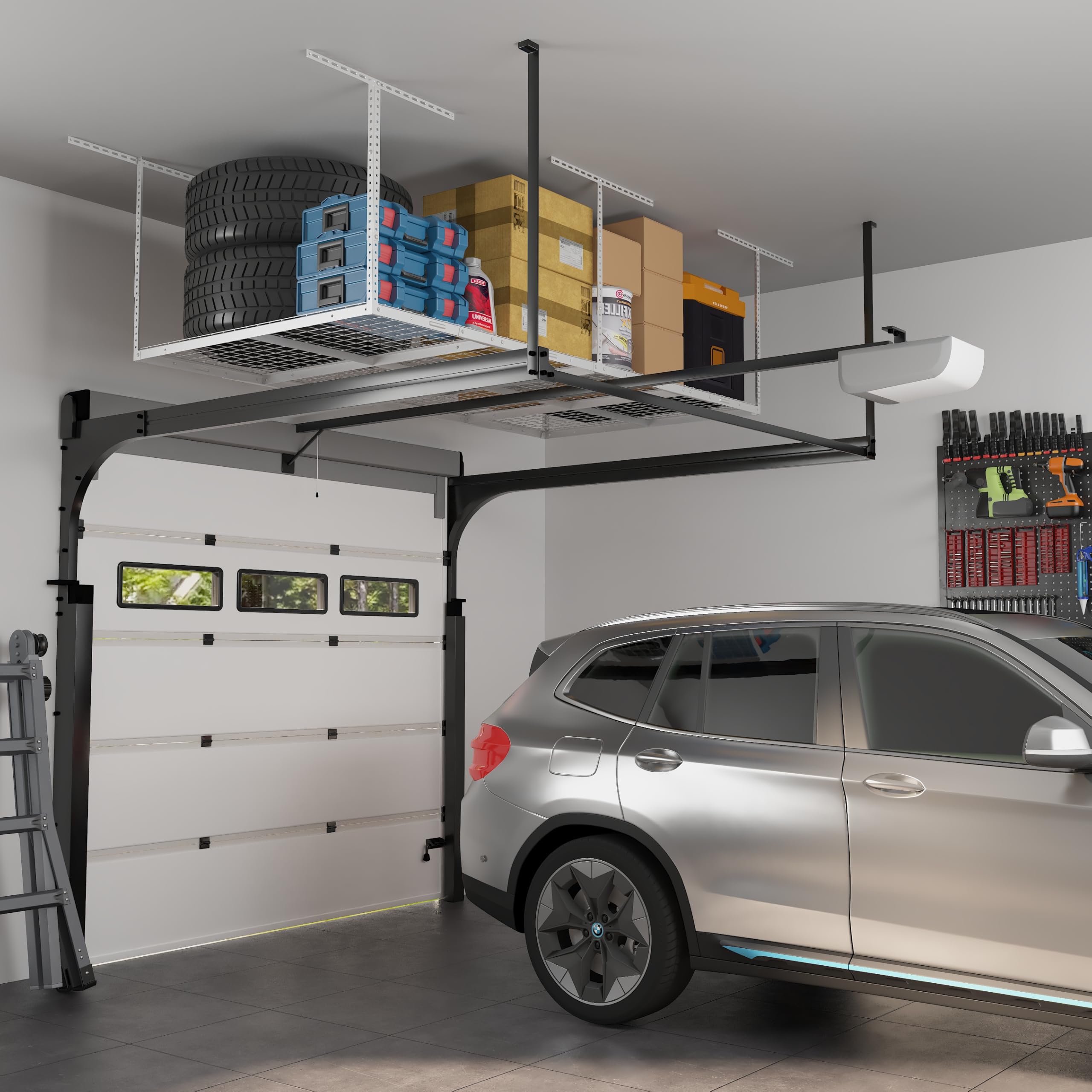 FLEXIMOUNTS 4x8 Overhead Garage Storage Rack - Heavy Duty Adjustable Ceiling Storage System with 600lbs Capacity, White | Perfect for Garage Organization, Seasonal Decor & Sports Equipment Storage