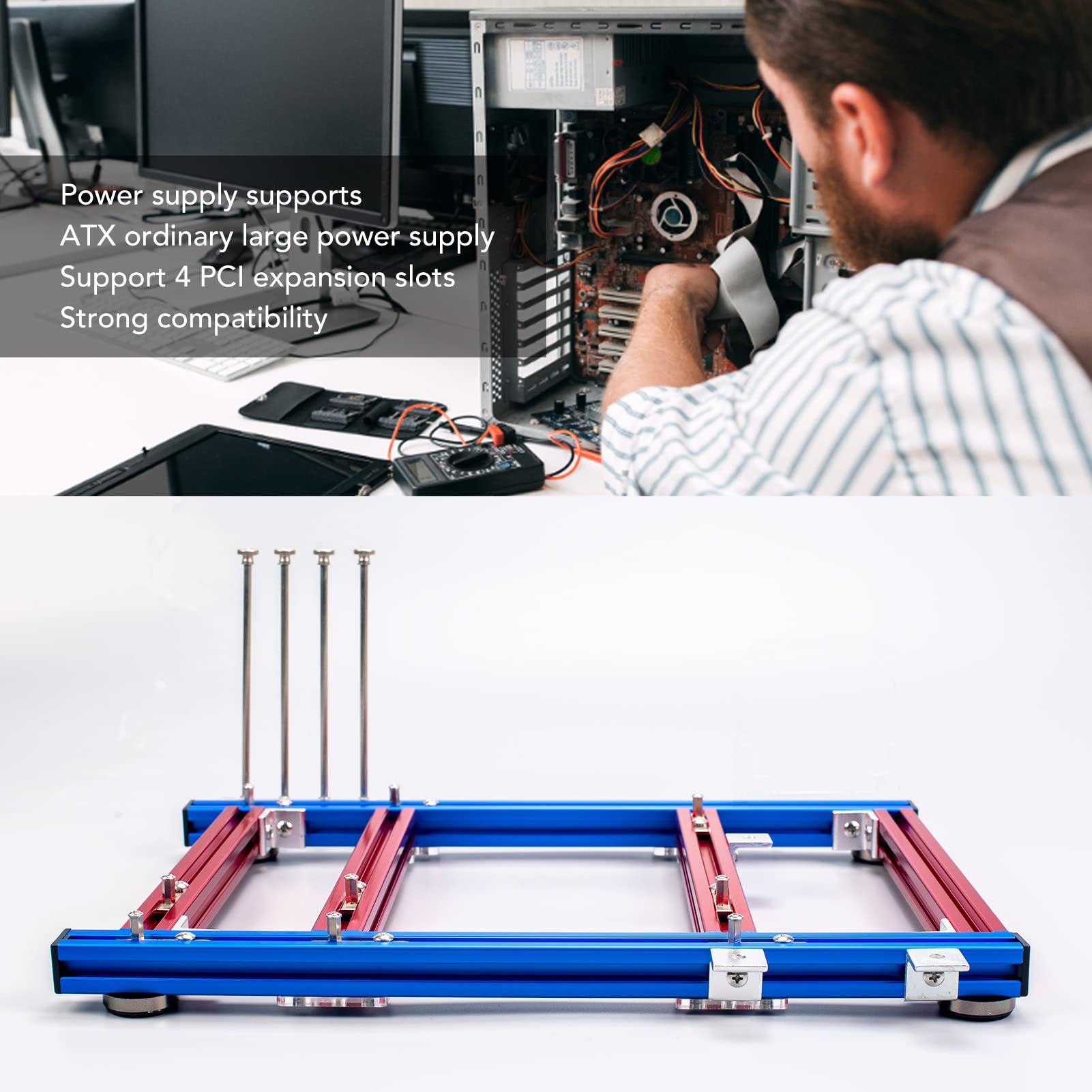 Yunseity DIY MATX Open Air Computer Case - Aluminum Frame PC Test Bench, Vertical Motherboard Chassis Kit (Blue/Red) for Gaming Rigs & Custom PC Builds | Perfect for Tech Enthusiasts & Hardware Testing