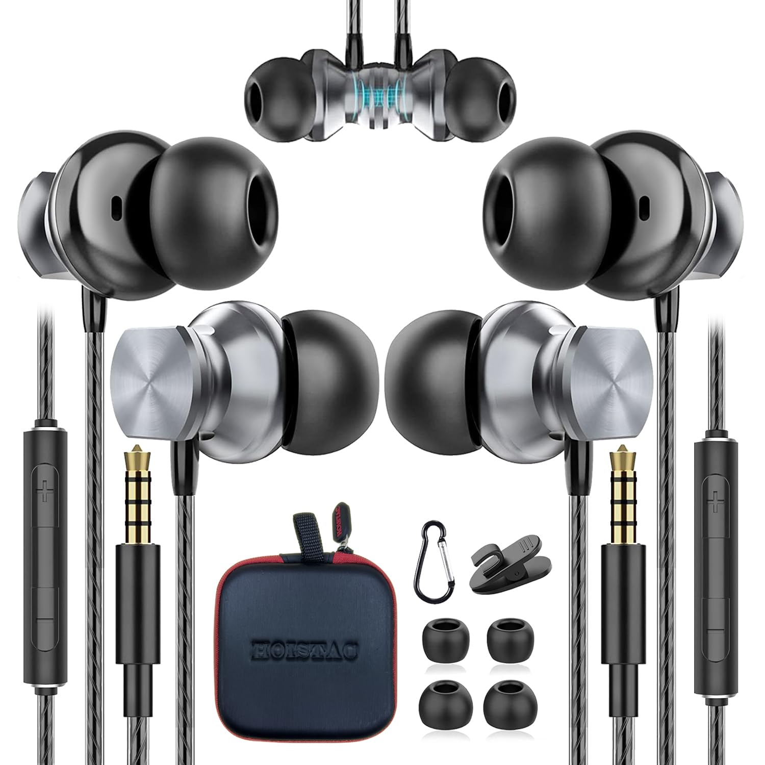 HOISTAC Wired Earbuds with Microphone, Magnetic Sport In-Ear Headphones, Noise Isolation, HD Sound & Powerful Bass, Compatible with Huawei/Samsung/Xiaomi/OPPO (2 Pack) - Perfect for Running, Gym & Commuting