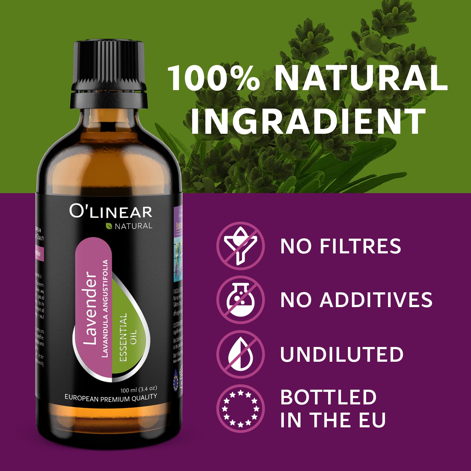 **O'linear Pure Lavender Essential Oil - 3.4 FL Oz Aromatherapy Oil for Stress Relief, Diffuser, Humidifier & Candle Making - Promotes Relaxation & Deep Sleep - Perfect for Bedroom, Spa & Home Wellness**