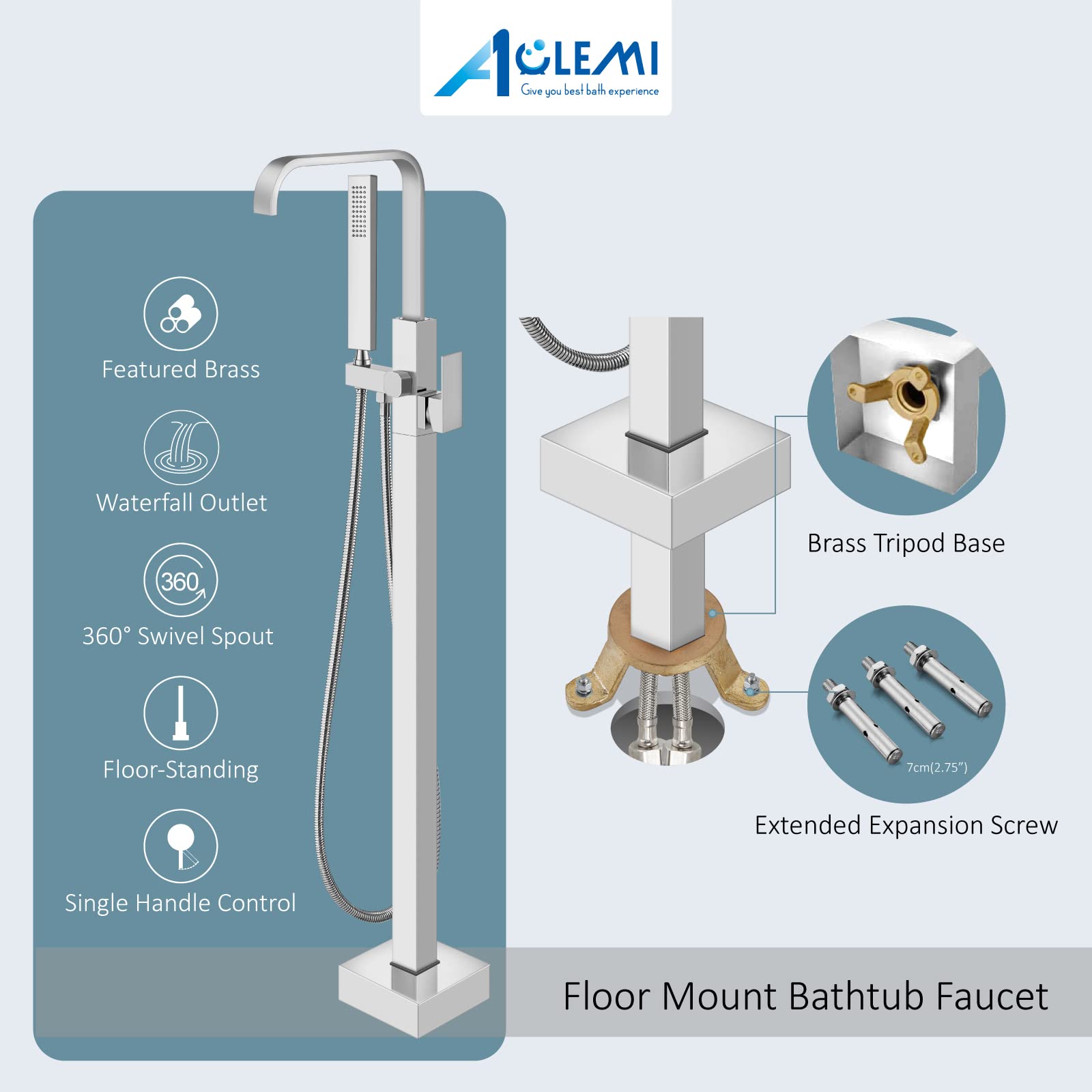 Premium Aolemi Freestanding Bathtub Faucet - Polished Chrome Floor Mount Tub Filler with Hand Sprayer & 12’’ Rain Shower Head - Brass Bath Shower Combo Set for Luxury Bathroom Upgrade - Perfect for Spa-Like Relaxation and Modern Home Decor