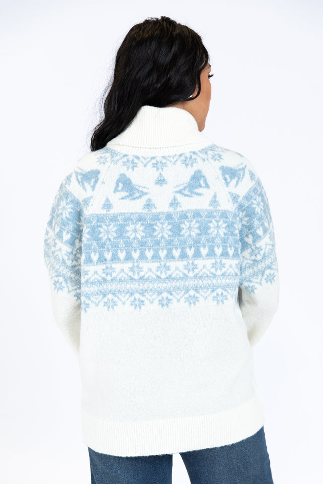 Best Ivory and Blue Ski Print Fair Isle Turtleneck Sweater - Cozy Winter Pullover for Skiing, Christmas & Casual Wear | Final Sale