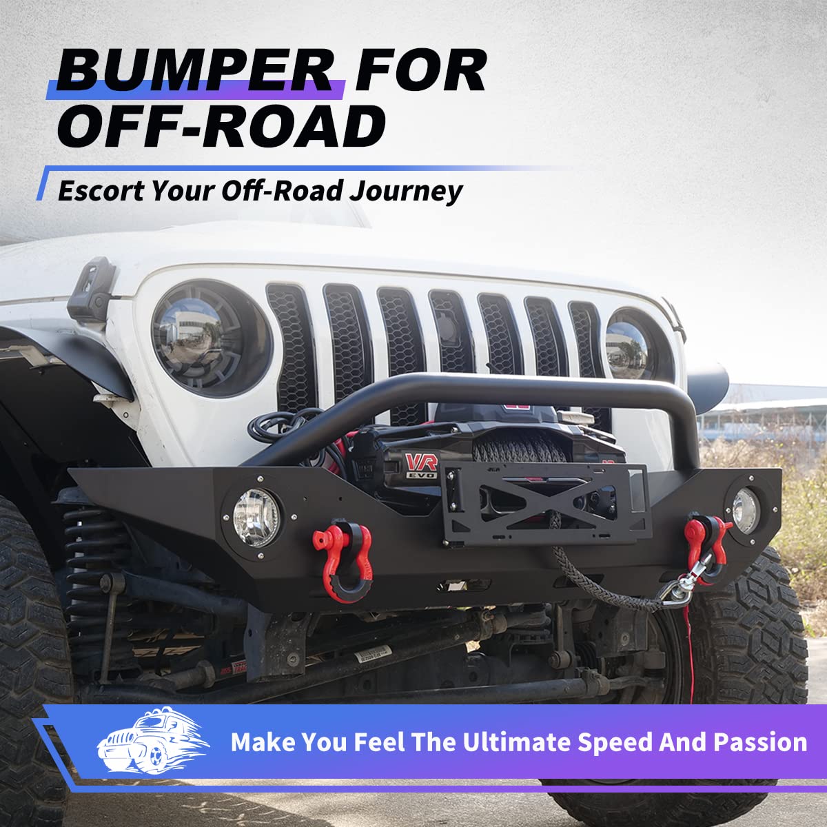 WOLFSTORM Heavy Duty Steel Front Bumper for 2007-2018 Jeep Wrangler JK/JKU & 2018-2025 JL/JLU & 2019-2025 Gladiator JT - Full Width Off-Road Bumper with 2x D-Ring Shackles - Perfect for Trail Riding, Rock Crawling & Overland Adventures