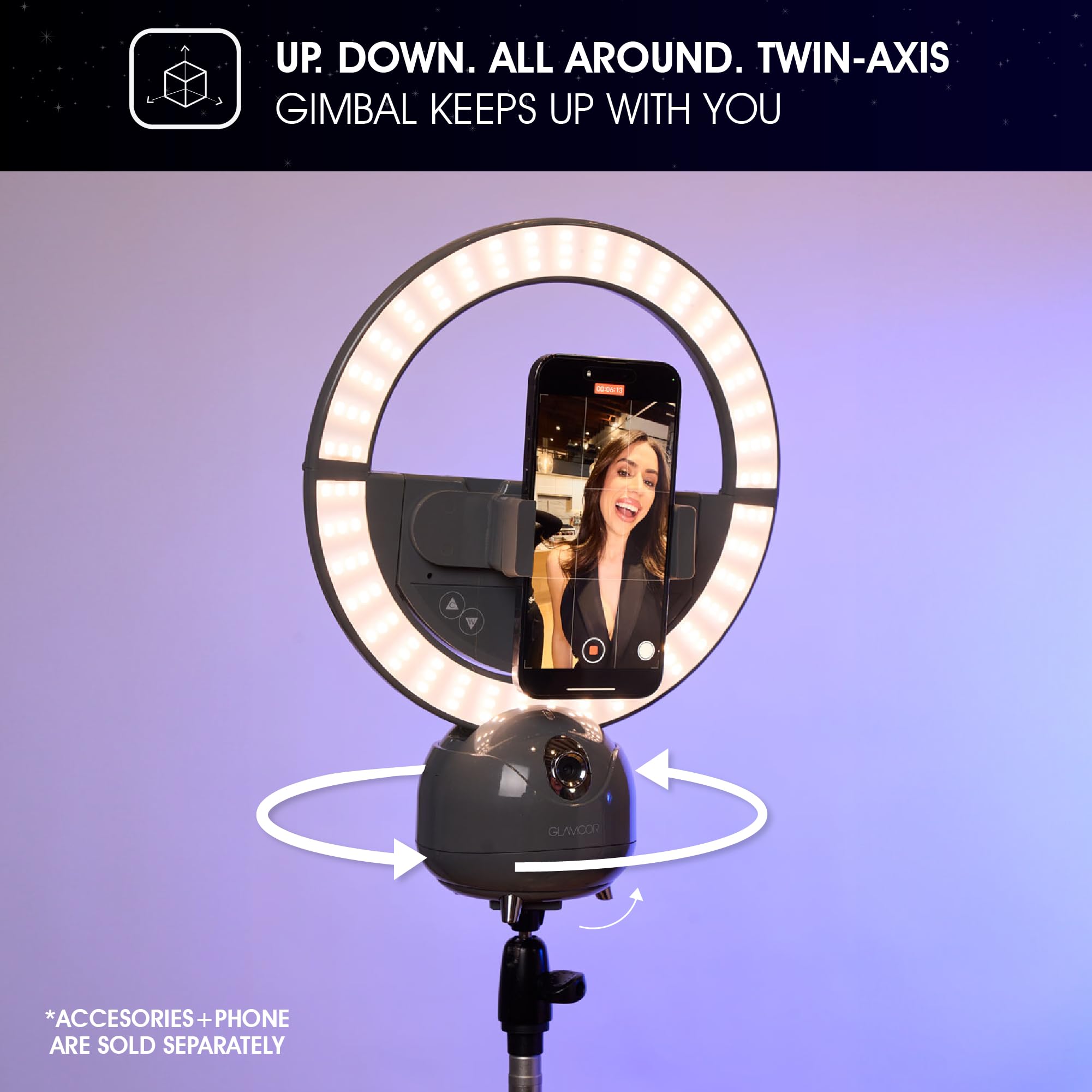 GLAMCOR Star Tracker - 2-Axis AI Auto Face Tracking Camera Mount for DSLR, iPad & Glamcor Lights | No App Required | Pink Media Attachment | Perfect for Live Streaming, Vlogging & Photography