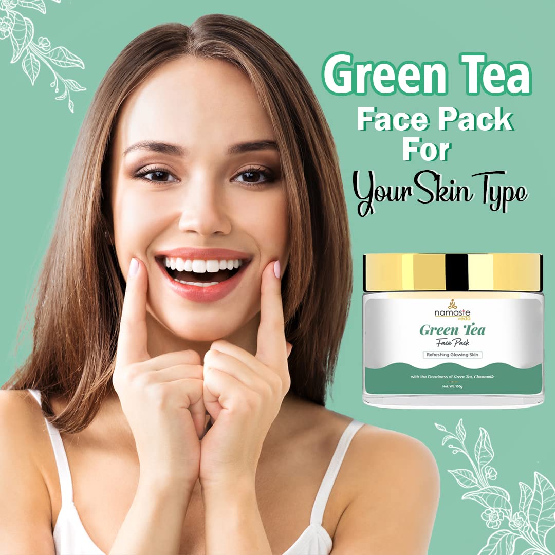 Namaste Veda Green Tea Face Pack - Dark Spot Remover & Deep Cleansing | Anti-Acne Treatment for Clear, Glowing Skin | With Aloe Vera, Vitamin C & E | 100g for Women & Men | Perfect for Daily Skincare & Acne-Prone Skin
