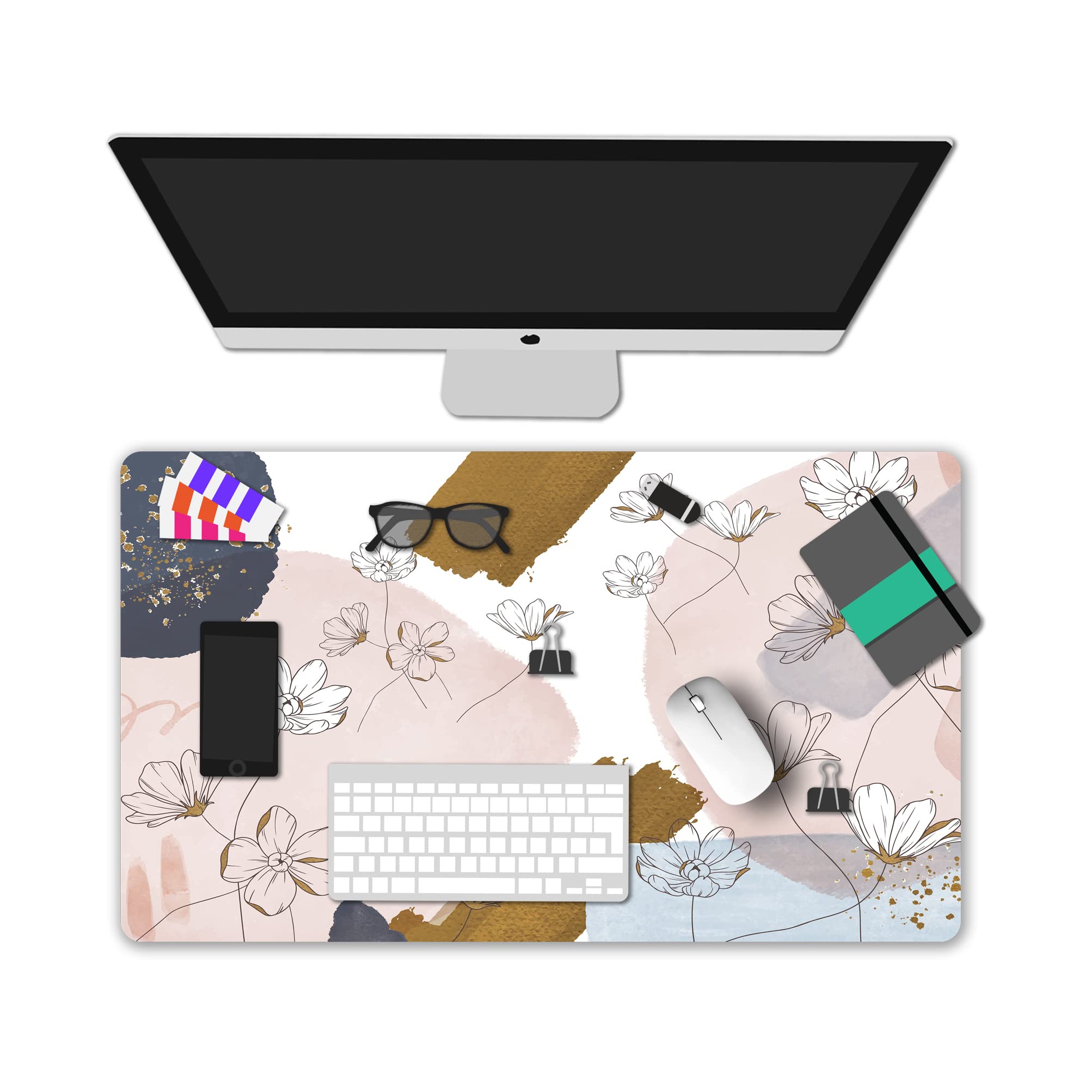 XXL Extended Gaming Mouse Pad with Non-Slip Rubber Base - Waterproof Large Keyboard Mat for Office, Home & Gaming - Floral Leaves Design Desk Decor for Work, Writing & PC Setup