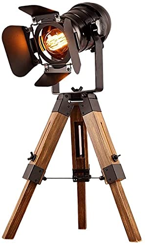 Vintage Industrial Adjustable Iron Metal Camera Table Lamp with Wood Tripod - E27 Edison Bulb Compatible - Perfect for Reading, Desk, Living Room, Loft, Bar, Bedroom & Bedside Lighting