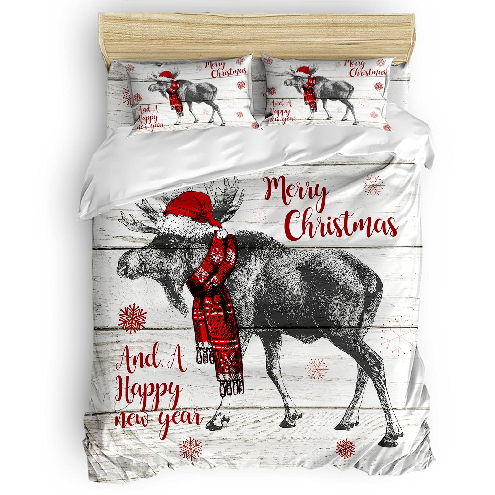 Seven Roses 4-Piece Christmas Bedding Set - Queen Size Quilt Cover, Soft Bed Sheets & Pillowcases, Xmas Moose Red Scarf Design - Perfect for Holiday Decor & Cozy Winter Nights