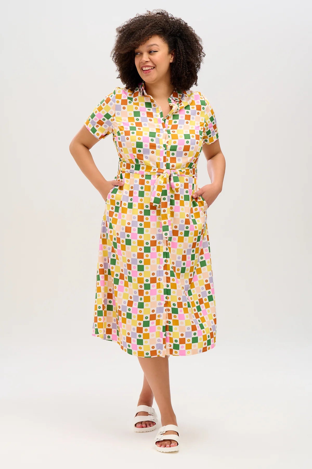 Lauretta Midi Shirt Dress for Women - Floral Checkerboard Print Casual Summer Dress - Perfect for Office, Date Night & Outdoor Events