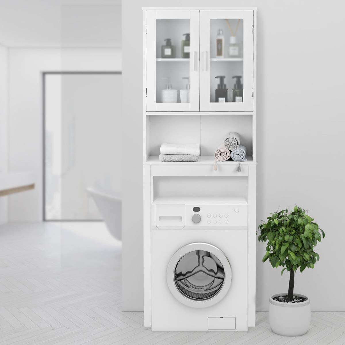 WATERJOY Over The Toilet Storage Cabinet - White Bathroom Organizer with 2 Tempered Glass Doors | Space-Saving Toilet Shelf for Bath Towels, Toiletries & Cleaning Supplies | Perfect for Small Bathrooms & Apartment Living