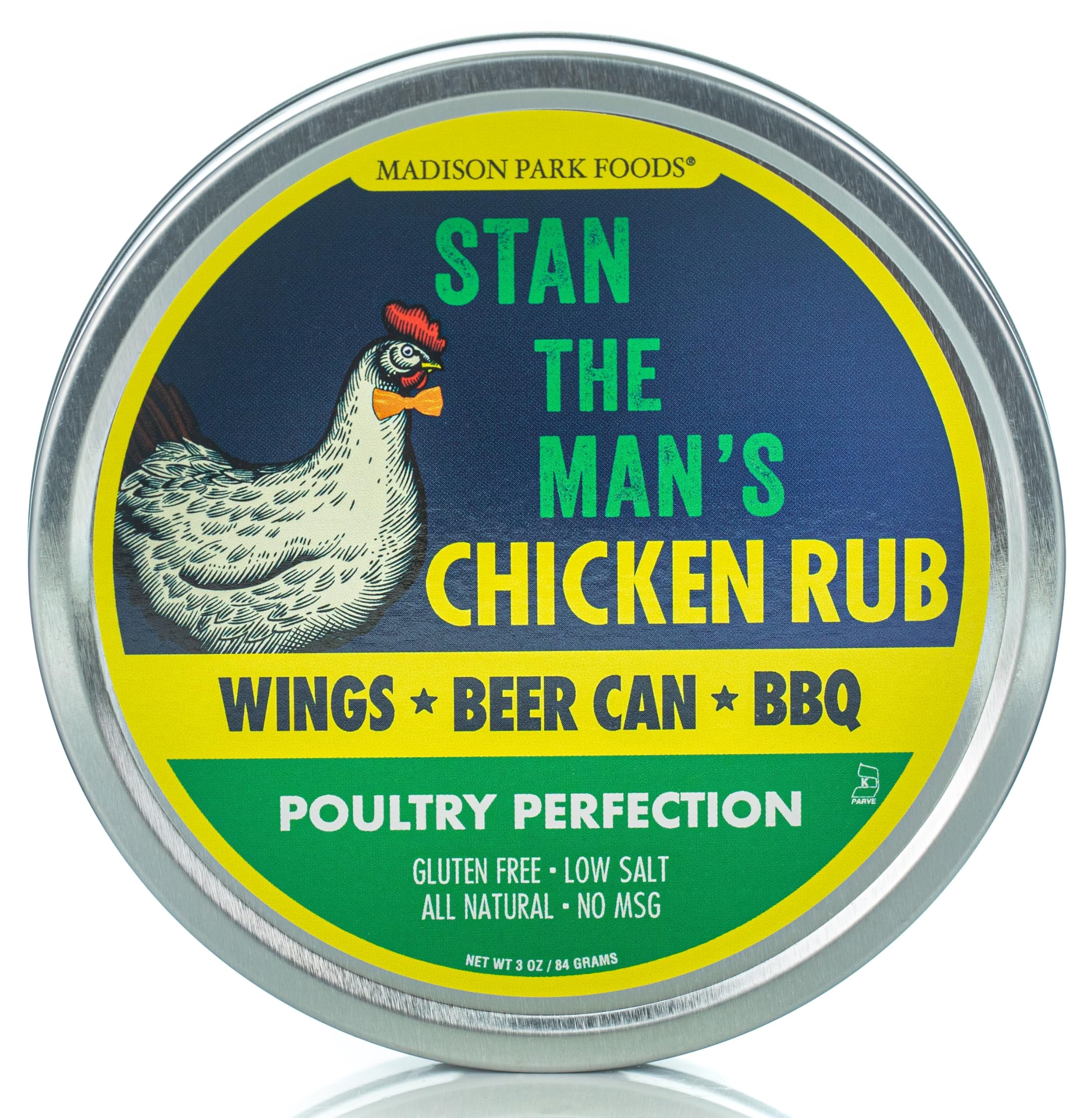 Stan the Man’s All-Natural Chicken Rub – Gluten Free, Keto, Low Sodium, No MSG Poultry Seasoning for Turkey, Beer Can Chicken, Wings & BBQ – Perfect for Grilling, Roasting & Frying – Madison Park Foods, 3 oz Tin