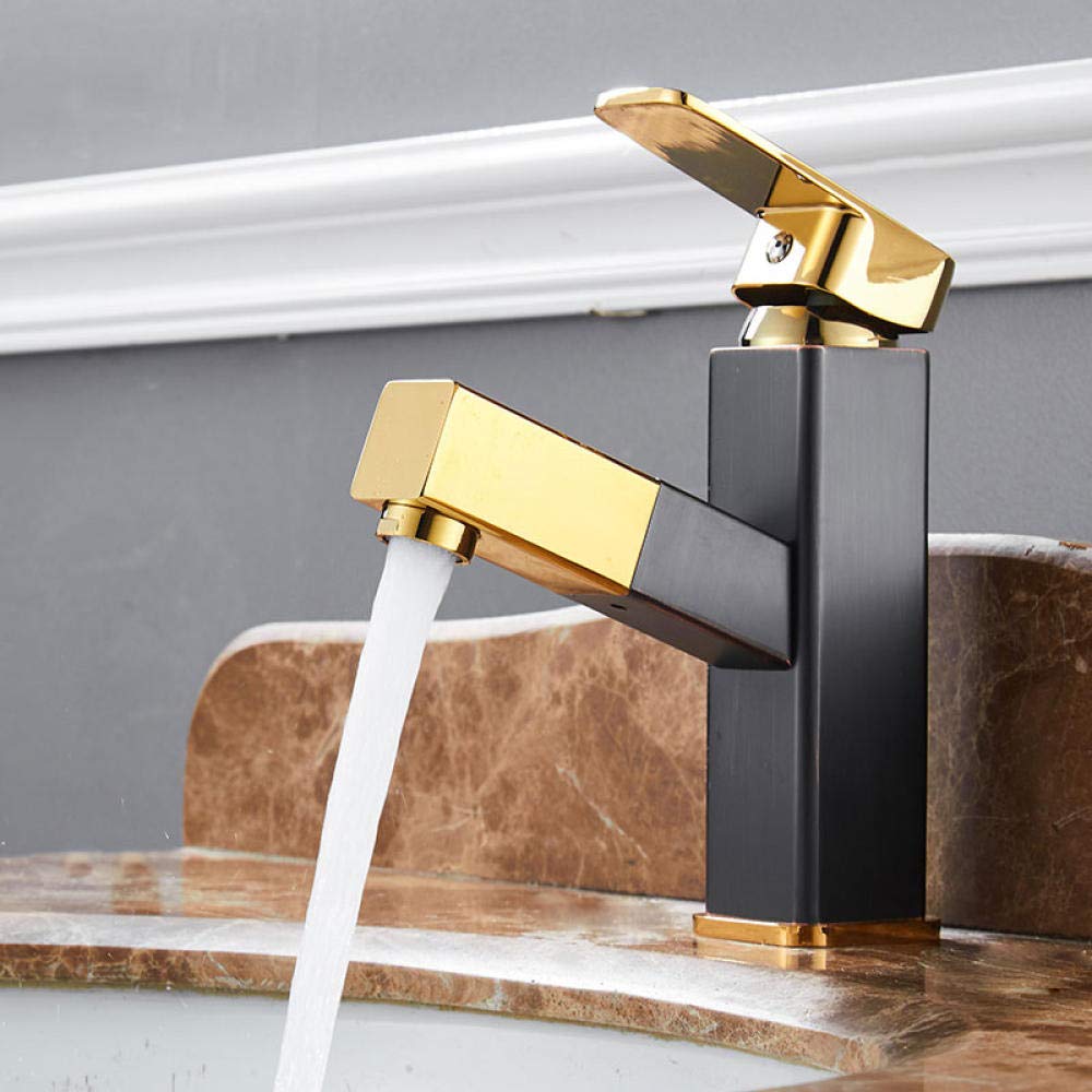 Gold & Black Pull-Out Bathroom Sink Faucet - Deck Mounted Copper Basin Mixer Tap with Hot/Cold Water - Perfect for Modern Bathroom & Vanity Upgrades