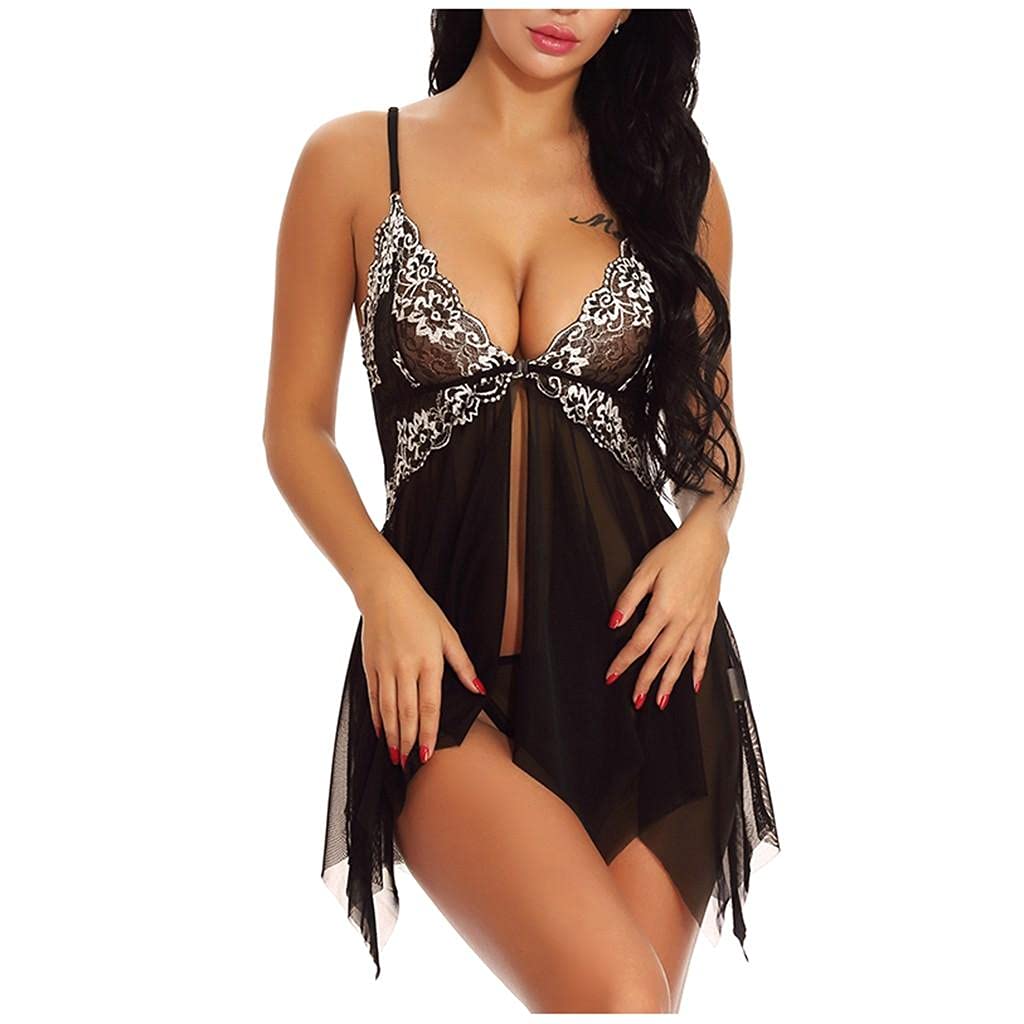 Masbird Women's Sexy Lingerie Set - V-Neck Babydoll Nightgown with Straps & Matching Underwear for Romantic Nights & Special Occasions
