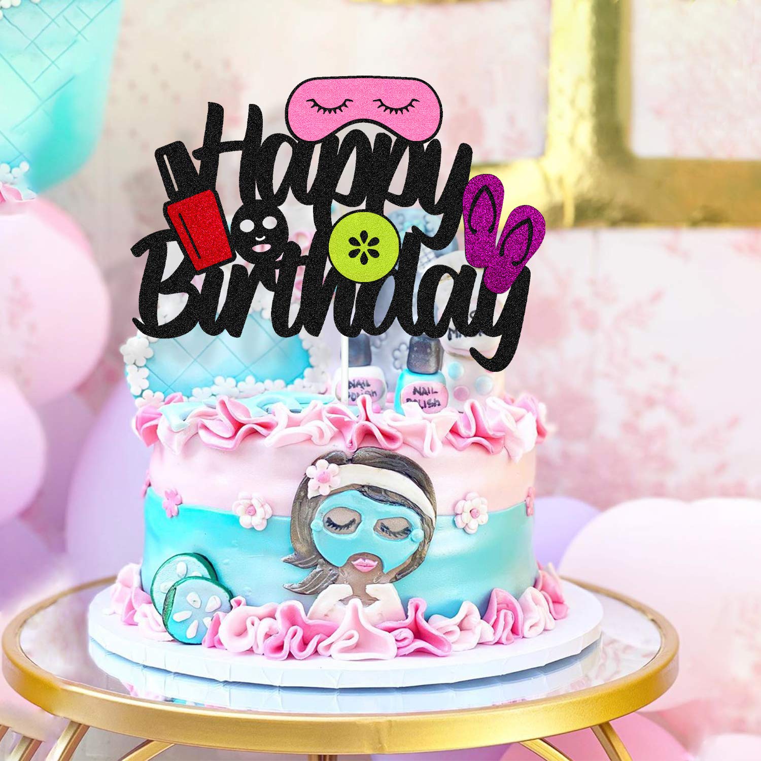 Spa Cake Topper for Birthday Party - Black Glitter Décor for Women's Spa Theme Celebration