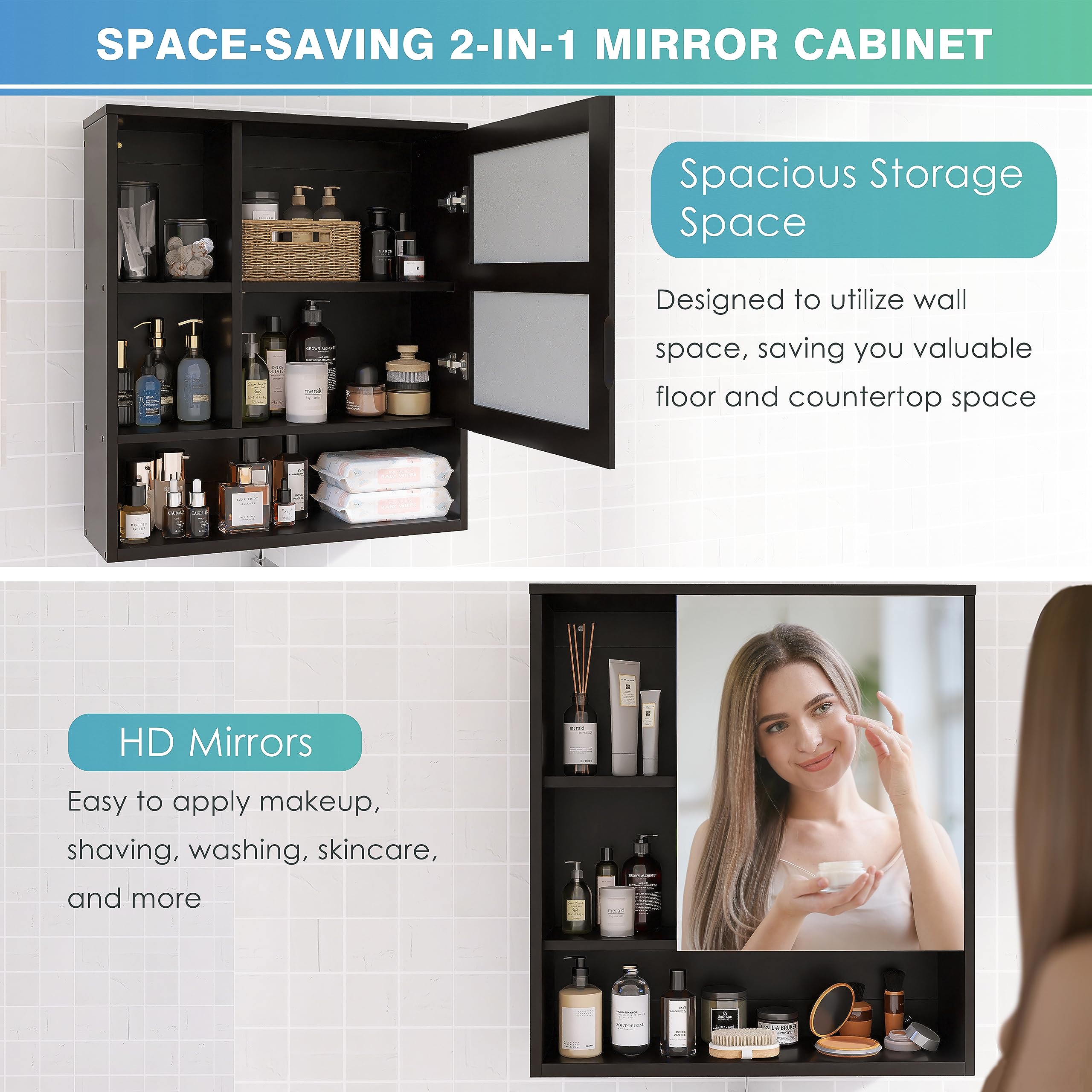 SMIBY Wall Mounted Bathroom Mirror Cabinet - Bamboo Medicine Cabinet with Adjustable Shelf, Space Saving Over Toilet Storage for Bathroom Organization (Black) - Perfect for Small Bathrooms, Apartments & Vanity Areas