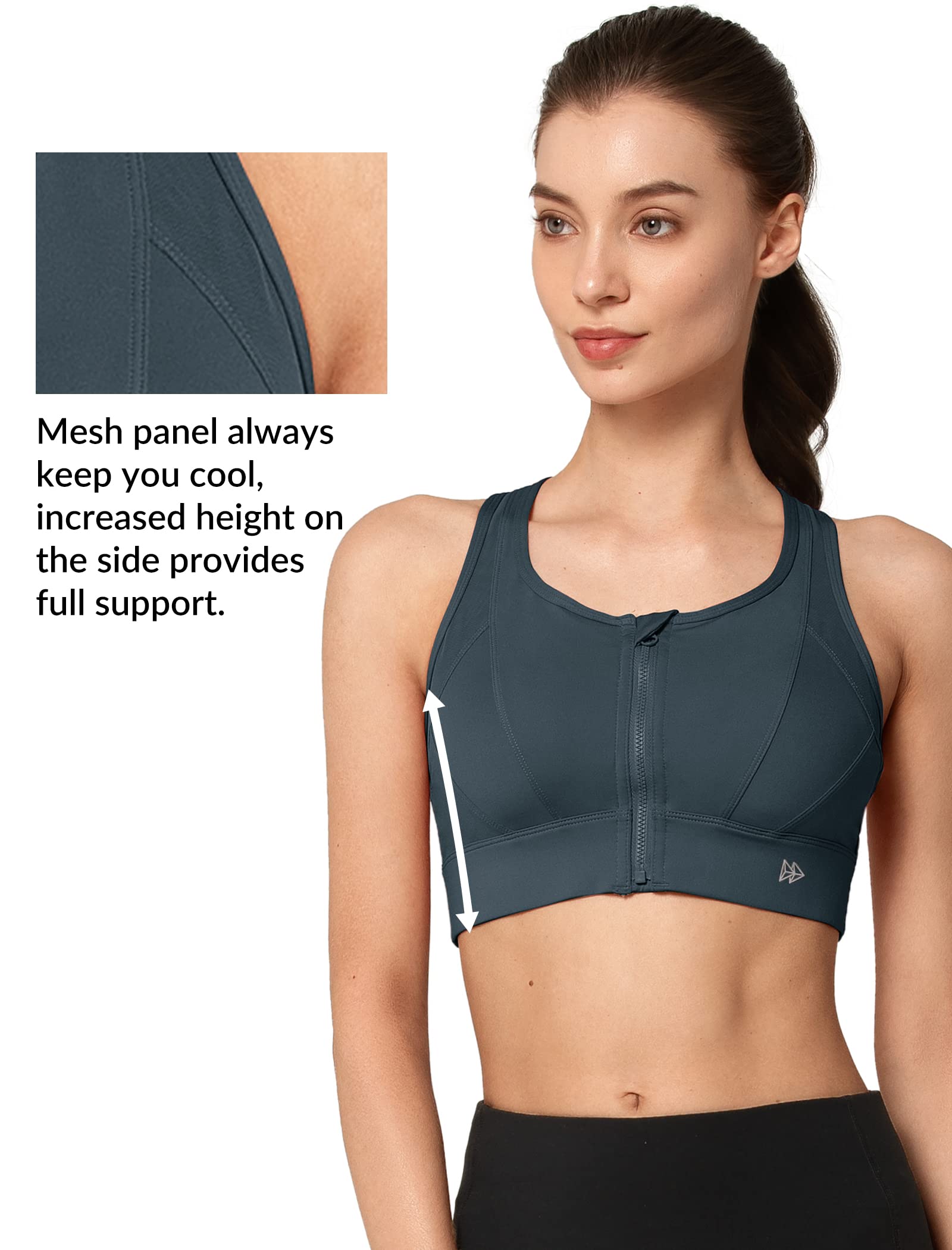 Yvette High Impact Zip Front Sports Bra - Mesh Racerback Workout Bra for Women with Large Breasts - High Support for Running, Gym & High-Intensity Training