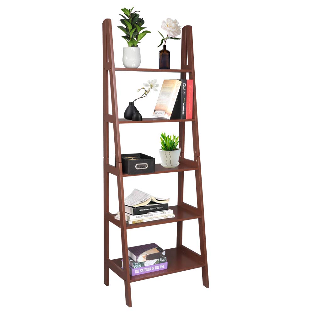 5-Tier Modern Wooden Ladder Shelf - Multifunctional Storage Rack for Plants, Books & Home Decor | Space-Saving Leaning Wall Shelf for Living Room, Bedroom & Office | Brown Finish