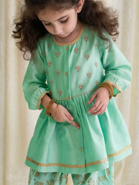 Baby Girl Embroidered Green Chanderi Angrakha Suit Set - Traditional Indian Outfit for Festivals & Special Occasions