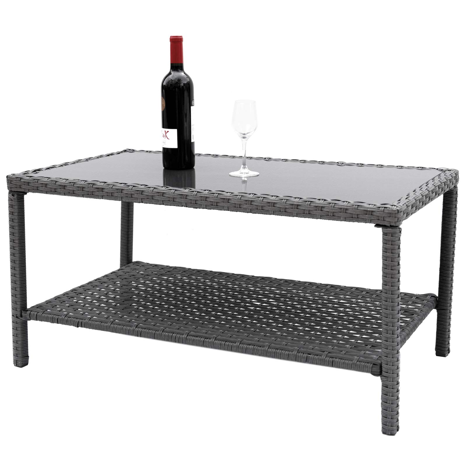 Outdoor Coffee Side Table with Glass Top - All-Weather Wicker Patio End Table for Garden, Balcony & Deck - Gray Rectangle Storage Table for Drinks, Books & Decor